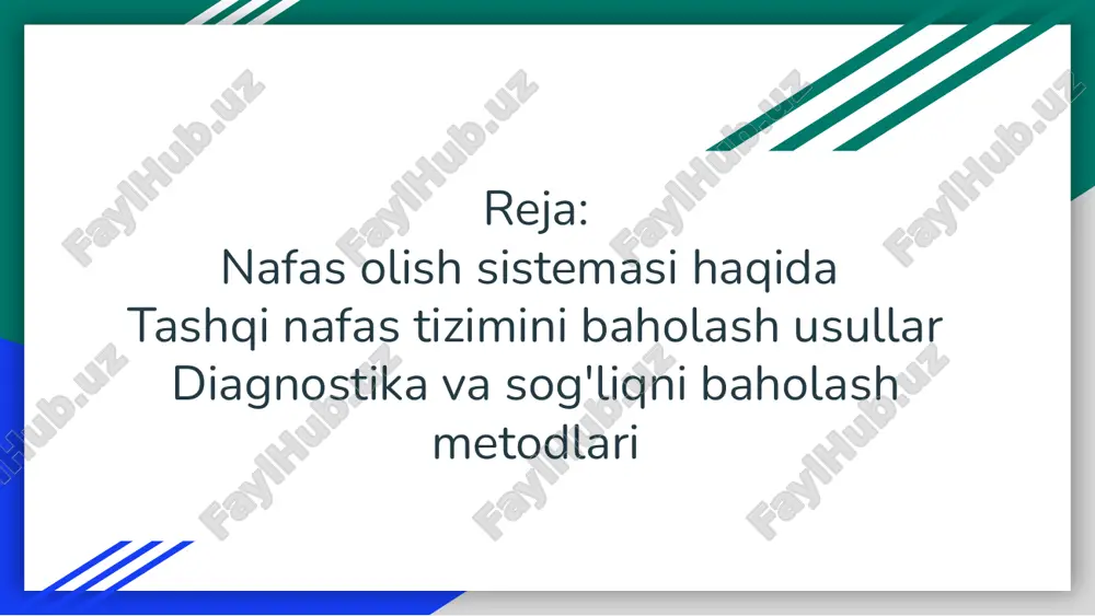 sda foydalanilgan usullari 1usul spirometriya, nafas olish hajmini va tezligini o'lchaydi. bu usul nafas yo'llarining shikastlanish darajasini aniqlashda muhim rol aynaydi. 2usul maksimal oqim testi nafas olish kuchini baholaydi. ushbu test nafas olish vaqtida havo oqimini o'lchab, nafas yo'llaridagi to'siqlarni aniqlaydi koʻproq bronxial astmada qoʻllaniladi. 3usul pulmonar funksiyani baholash funksiyani baholash, gaz almashinuvi va nafas olish jarayonlarini o'lchashga yordam beradi. bu nafas tizimi kasalliklarini aniqlashda muhimdir 4usul gazlar almashinuvi tahlillari (diffuziya testi - dlco) alveolalar va qon orasidagi gaz almashinuvi samaradorligini baholaydi. ayniqsa interstitsial o'pka kasalliklari uchun foydali. spirografiya tashqi nafasni tekshirish usuli. bunda yopiq xavo sirkulyasiyasi, o'pka xajmi va o'pka ventily asiyasi grafik registrasiyasini apparat yo'rdamida tekshiriladi. tashqi nafasni tekshirish nahorda tinch holatda o'tkaziladi. usul bolani faol qatnashishin i talab etadi, 5 yosh va undan katta bolalarda qo'll aniladi. spirogrammada nafas harakati qiymati yig'in disi hisoblanadi (nafas olish yo'ki nafas chiqarish). eng keng tarqalgan va asosiy usul. fvc - …