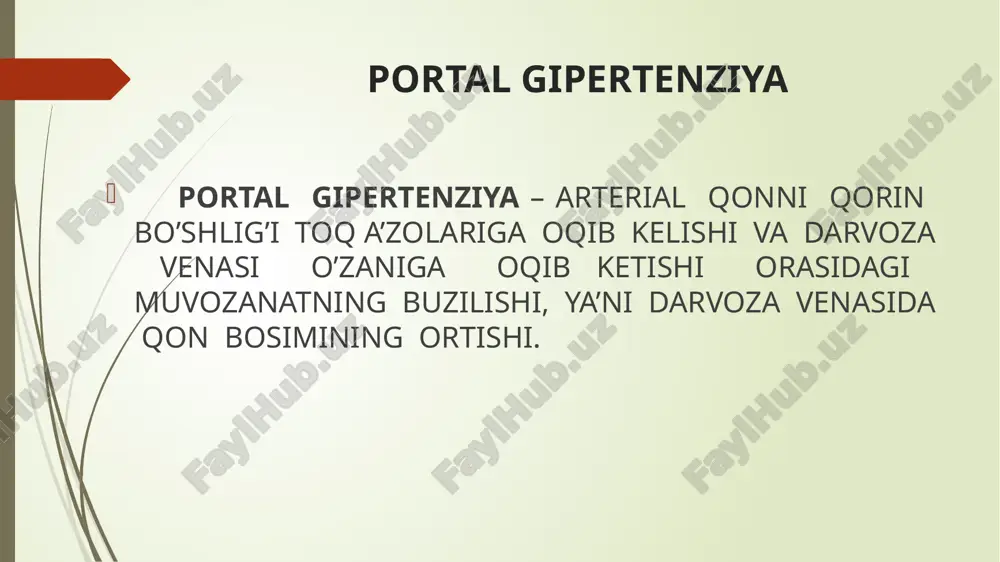 lerografiya davolash varikoz kengaygan venalardan qon ketishni davolash: i. konservativ davo. oktreotid – 0,01% 1ml, vena ichiga, 3marta kuniga, №5 vazopressin – terlipressin – endoskopik terapiya skleroterapiya ligatura qo’yish iii blekmor-seynstaken zondi varikotsin trombovar ligatura qo’yish blekmor-seynstaken zondi xirurgik davo portosistem anastomoz endovaskulyar usullar: taloq arteriyasini surunkali embolizatsiyasi qizilo’ngach va medaning varikoz kengaygan venalarni o’tkir embolizatsiyasi jigar tsirrozi-surunkali progressirlanuvchi kasallik bo'lib jigar parenxima va stromasini zararlab jigar hujayralari distrofiyasi jigar to'qimasi tugunli regeneratsiyasi, biriktiruvchi to'qima o'sishi, jigar bo'lakli strukturasining va qon tomir tizimi diffuz o'zgarishi, jigar va taloq retikuloendotelial elementlarning giperplaziyasi, gipersplenizm va jigar funktsional buzilishlari bilan kechadigan kasallikdir. kasallik ko'proq o'rta va qarilik yoshidagi erkaklarda uchraydi. 25 etiologiyasi tsirroz virusli gepatitdan keyin rivojlanishi mumkin; modda almashinuvi buzilganda (kandli diabet, tireotoksikoz) surunkali alkogolizmda; xolestaz natijasida ut yullarining uzok vakt sikilishi va tikilib kolishi; toksik yoki toksiko-allergik gepatitlar okibatida; konstitutsional-oilaviy moyillik; jigarni ba'zi moddalar bilan surunkali infiltratsiyasi (gemoxromatoz, gepatotserebral distrofiya); surunkali …