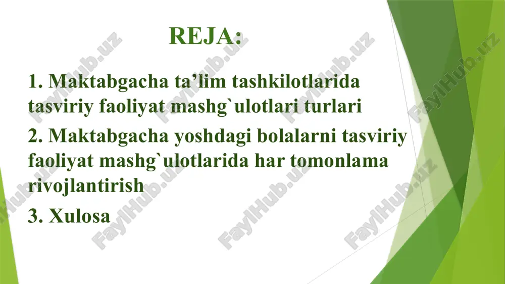 riladi qurish-yasash qurish-yasash lotin tilidan olingan bo’lib, turli predmetlarni, qism va elementlarni ma’lum bir holatga keltirish, degan ma’noni bildiradi. bolalarni qurish-yasashida qurilish materiallaridan, qog’ozdan, karton, daraxt va boshqa materiallardan turli xil o’yinchoqlar yasash o’rgatiladi. o’z harakteriga ko’ra bolalar qurish-yasashi ko’pincha tasviriy va o’yin faoliyati bilan o’xshashdir – bu tevarak atrofda aks etadi. qurish -yasash qurish-yasash materiallarining turlari. maktabgacha ta`lim tashkilotlarida bolalarga qurish-yasash faoliyatini o‘rgatishda qurilish materiali, konstruktor, qog‘ozdan, tabiat, tashlandiq materiallaridan va boshqalardan foydalaniladi. materialni turi qurish yasash turini aniqlab beradi. qurilish materiali – mayda va yirik-geometrik figuralardan (kub, silindr, prizma va hokazo…) iborat. tasviriy faoliyat bo‘yicha maktabgacha ta’lim tashkiloti dasturi va maktabda tasviriy san’at dasturi bolalarda tevarak atrofga nisbatan estetik munosabatni tarbiyalash, ijodiy qobiliyat va tasvirlashlarini rivojlantirishni ko‘zda tutadi. maktabgacha ta’limi tashkiloti mashg‘ulotlarida, maktabda muvaffaqiyatli o‘qib ketishlari uchun zarur bo‘lgan vazifalar hal etiladi. rasm, applikatsiya, loy ishlari jarayonida bolalarda fikr yuritishning analiz, sintez, takrorlash, konkretlashtirish kabilar shakllanadi. shuningdek bu …