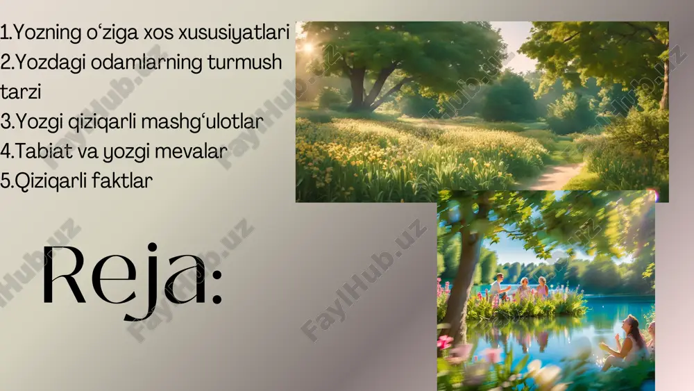 arning tabiat bilan uyg‘un hayot kechirishi va dam olish imkoniyatlarini yaxshilashga asoslangan bo‘lib, bu fasl sog‘lomlik va zavq bilan yashash uchun eng yaxshi davr hisoblanadi. yozgi qiziqarli mashgʻulotlar tabiat qo‘ynida dam olish pikniklar: oila va do‘stlar bilan bog‘larda yoki daryo bo‘ylarida vaqt o‘tkazish. lagerlar: tog‘larda yoki o‘rmonlarda chodir tikib, tabiatning sokinligidan zavq olish. dengiz bo‘yida dam olish: suvda suzish, qumda o‘ynash va quyosh nuridan bahramand bo‘lish. sport va ochiq havodagi o‘yinlar. velosiped haydash: shahar va qishloq yo‘llarida yoki maxsus yo‘laklarda. futbol va voleybol: maydonlarda yoki plyajda do‘stlar bilan o‘ynash. yugurish va piyoda yurish: sog‘lom turmush tarzini targ‘ib qiluvchi faoliyatlar. yoz fasli tabiatning eng serhosil va go‘zal davri hisoblanadi. bu faslda daraxtlar, o‘simliklar va mevalar o‘zining eng boy va mazali bosqichiga yetadi. tabiat va yozgi mevalar ko‘katlar va gullar: yozda tabiat yashil tusga kiradi. daraxtlar yam- yashil barglari bilan bezanib, turli xil gullar ochiladi. o‘rmon va cho‘l hayoti: bu faslda qushlar …
