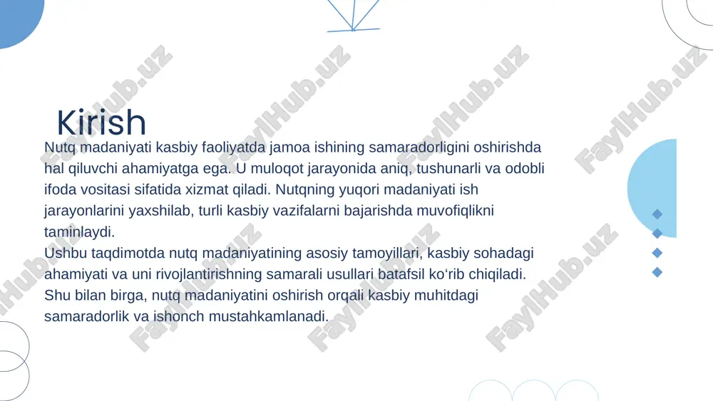 arali usullardir. bu jarayon kasbiy o‘sishni ta’minlab, so‘z boyligini va ifoda aniqligini oshiradi.kasbiy treninglar, seminarlar va kommunikatsiya kurslari nutq ko‘nikmalarini rivojlantirishga yordam beradi. shuningdek, o‘z nutqini tahlil qilish va xatolarni aniqlash orqali o‘z ustida ishlash mumkin. bu usullar nutq madaniyatini oshirishga katta hissa qo‘shadi va professional muloqotni yanada mukammallashtiradi. oʻzbek tilining lahja va shevalari 02 lahjalar va shevalarning ta'rifi lahja o‘zbek tilining hududiy talaffuz xususiyatlarini ifodalaydi, ularning asosiy farqi so‘zlarni talaffuz qilishdagi o‘ziga xosliklardir. sheva esa nafaqat tovush, balki lug‘at va grammatik jihatdan ham farqlanadi, bu uni yanada murakkab va boy tushuncha qiladi. har bir lahja va sheva o‘z nutq madaniyatini shakllantirib, muloqotda hududiy identifikatsiyani kuchaytiradi. bu farqlar o‘zbek tilining rang- barangligini va nutqning boyligini oshirishda muhim rol o‘ynaydi, tilning madaniy xazinasini boyitadi. oʻzbek tilidagi asosiy lahjalar o‘zbek tilida janubiy, shimoliy va markaziy kabi bir qancha hududiy lahjalar mavjud bo‘lib, har biri o‘zining noyob tovush tizimi va talaffuz uslubiga ega. …