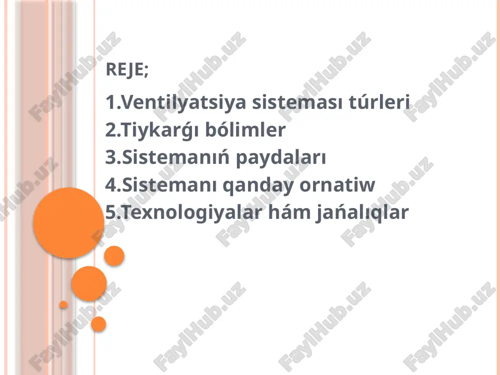 basqalarda zamanagóy texnologiyalıq processlerdi ámelge asırıp bolmaydı. tiykarǵı ziyanliqlar: ıssılıq, ıǵallıq, gaz hám zıyanlı elementlardıń puwlari, shań. xanaǵa kirip atırǵan ıssılıq bul adamlardan hám texnikalıq úskenelerden ajraladi`ǵan ıssılıqlar adamlardan ajraladi`ǵan ıssılıq muǵdarı ulami háreketine hám xananıń temperaturasına baylanıslı texnologiyalıq úskenelerden ajraladi`ǵan ıssılıq muǵdarı úskenelerdiń túrlerine, olardı sırtqı maydanınıń temperaturasına hám taǵı basqalarǵa qaray tabıladı hawanıń esaplıq ishki parametrleri bınanıń túrine, jıl mawsimine hám islew procesine qaray joybarlanadi. olar hawa temperaturası salıstırmalı ızǵarlıǵı hám háreket tezligi bolıp tabıladı. qurılıs normaları qaǵıydalarında hám sanitar normalarında keltirilgen. ishki shárt-shárayatlar normaları 3 qıylı boladı : 1. optimal 2. shegaralıq 3. ruxsat etilgen. ventilatsiya degende ımaratlardı taza hawa menen támiyinlew, hawa almastırıw hám talap etiletuǵın hawa ortalıǵın jaratıw sistemaları túsiniledi. ventilatsiya arqalı bólmelerden gazlar hám zıyanlı elementlar puwi, shańlar, artıqsha suw puwi, ıssılıq shıǵarıp jiberiledi hám sırtdan taza hawa beriledi. ventilatsiya sistemaları tómendegi tiykarǵı konstruktiv belgileri hám parametrleri boyınsha klassifikaciyalanadı : atqaratuǵın wazıypasına kóre - …