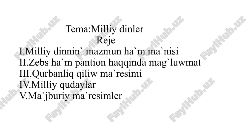 qudaylar milliy qudaylar esaplanıp, ibadat máresimleri tiykarınan belgili bir elat yaki milletke tán edi. demek, bul túrdegi áyyemgi dinler milliy mámleketlik xarakterinde boliwi menen basqa din formalarınan ajıralıp turgan. en sońģi dáwirdiń milliy dinlerine tómendegiler kiredi: induizm, jaynizm, sikxizm, daosizm, konfuciylik, sintoizm hám iudaizm (iudaizm). paydalang`an a`debiyatlar i.www.wikipediya.uz ii.www.fayllar.org iii.www.kibernika.uz iv.www.lex.uz v.https//.viktoriya.uz vi. najmiddinov j., karimov j., turdiyeva d.. dinshunoslik. qomusiy lugʻat. imom buxoriy xalqaro markazi nashriyoti, 2017 — 480-bet. isbn 978-9943-5105-3-1. bu sahifa oxirgi marta 2024-yil 28-sentyabr, 15:11 da tahrir qilingan. image1.png image2.png image3.png image4.png image5.png image6.png /docprops/thumbnail.jpeg