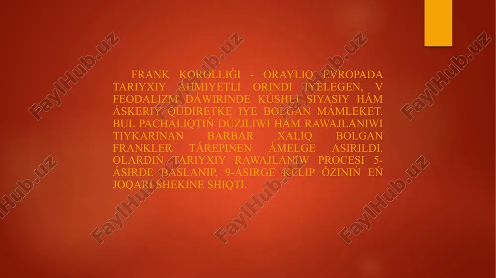 korollıǵın basqarıwģa uqıplı bolgan abıraylı hákimiyatqa aylandı. biraq, waqıttıń ótiwi menen, merovingler imperiyasınıń kúshi tómenlep, qosimsha húkimdarlıq hám basqarıwdıń ishki bóliniwleri júzege keldi. karolingler dinastiyası, 8-ásirde, merovinglerdi taxttan awdarıp, frank korollıǵın jana basqıshqa alıp shıqtı. karolingler dáwirinde, ásirese, charlemagne (karl ullı) dáwirinde, frank korolligi óziniń en úlken aymaǵın iyeledi. charlemagne 800-jılı rim papası tárepinen imperator sıpatında taxtqa qoyıldı, bul frank korollıǵın jana áwladlar ushın kúshli mámleket sıpatında bekkemledi. chlodvig i niń húkimdarlıǵı: 481-jılı taxtqa kóterilip, frank qáwimlerin birlestirip, galli aymaǵın iyeledi hám xristian dinin qabıl etiwi menen tariyxta iz qaldırdı. merovingler dinastiyası: chlodvigtin óliminen keyin merovingler dinastiyası saltanattı dawam ettirdi, biraq mámlekettiń ishki bóliniwi hám hálsizleniwi baqlandı. karolingler dinastiyası: 8-ásirde karolingler dinastiyası hákimiyattı qolga kirgizdi, bul dáwirde frankler óziniń eń kúshli dáwirin basınan ótkerdi, hám karl ullı húkimdarlıǵı dáwirinde imperiya dárejesine kóterildi. frank korollıǵınıń dúziliwi hám rawajlanıwı evropa tariyxında úlken orın tutadı. ol, bárinen burın, xristian dininiń franciya hám oraylıq …