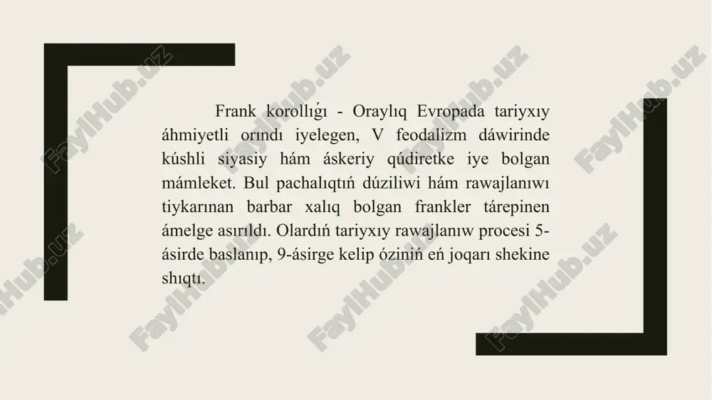 korollıǵın basqarıwģa uqıplı bolgan abıraylı hákimiyatqa aylandı. biraq, waqıttıń ótiwi menen, merovingler imperiyasınıń kúshi tómenlep, qosimsha húkimdarlıq hám basqarıwdıń ishki bóliniwleri júzege keldi. karolingler dinastiyası, 8-ásirde, merovinglerdi taxttan awdarıp, frank korollıǵın jana basqıshqa alıp shıqtı. karolingler dáwirinde, ásirese, charlemagne (karl ullı) dáwirinde, frank korolligi óziniń en úlken aymaǵın iyeledi. charlemagne 800-jılı rim papası tárepinen imperator sıpatında taxtqa qoyıldı, bul frank korollıǵın jana áwladlar ushın kúshli mámleket sıpatında bekkemledi. chlodvig i niń húkimdarlıǵı: 481-jılı taxtqa kóterilip, frank qáwimlerin birlestirip, galli aymaǵın iyeledi hám xristian dinin qabıl etiwi menen tariyxta iz qaldırdı. merovingler dinastiyası: chlodvigtin óliminen keyin merovingler dinastiyası saltanattı dawam ettirdi, biraq mámlekettiń ishki bóliniwi hám hálsizleniwi baqlandı. karolingler dinastiyası: 8-ásirde karolingler dinastiyası hákimiyattı qolga kirgizdi, bul dáwirde frankler óziniń eń kúshli dáwirin basınan ótkerdi, hám karl ullı húkimdarlıǵı dáwirinde imperiya dárejesine kóterildi. frank korollıǵınıń dúziliwi hám rawajlanıwı evropa tariyxında úlken orın tutadı. ol, bárinen burın, xristian dininiń franciya hám oraylıq …