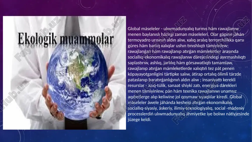 rizm, demokratiyaǵa qarsı bolǵan social qatnaslar háwij aldı, xalıq aralıq qawipsizlikke qarsı abaylar payda boldı. bunı terrorchilik, ekstremizm kórinisleri payda bolǵanlıǵı tastıyıqlaydı. xalıq aralıq ekonomikalıq qatnaslarda payda bolǵan global máseleler jáhán xojalıq sisteması vujudga kelip, ol jaǵdayda tiykarlanıp ekonomikası rawajlanǵan mámleketler ústinligi payda boldı. ekonomikası hádden tıs rawajlanǵan mámleketler, transnatsional korporatsiyalar jáhán ekonomikasın basqarıp atırǵan bir waqıtta, ekinshi tárepte olarǵa ǵárezli, ekonomikası oǵırı tómen dárejedegi mámleketler bar bolıp tabıladı. jáhánda ekonomikalıq hám ilimiy-texnikalıq rawajlanıw jetiskenliklerine qaramastan bay hám jarlı mámleketler arasındaǵı parq ósip barıp atır. xx ásir aqırında rawajlanǵan mámleketler jáhán jalpı milliy óniminiń 86 % ini islep shıǵarǵan bolsa, jarlı mámleketler tek 1 % ini islep shıǵardı. ayırım mámleketler rawajlanǵan mámleketlerden kútá úlken muǵdarda qarızǵa botdi. nátiyjede olar siyasiy tárepten ǵárezsiz bolsada, ekonomikalıq tárepten rawajlanǵan mámleketlerge qaram bolıp tabıladı. jáhán ekonomikalıq qatnaslaridagi globallasıwdıń unamsız aqıbetleri de bar. mısalı, jergilikli bazardı qısıp qóyadı, jumıssızlıqtı, fermerlerdiń sınıwın kúshaytadı. bul globallasıwǵa qarsı …
