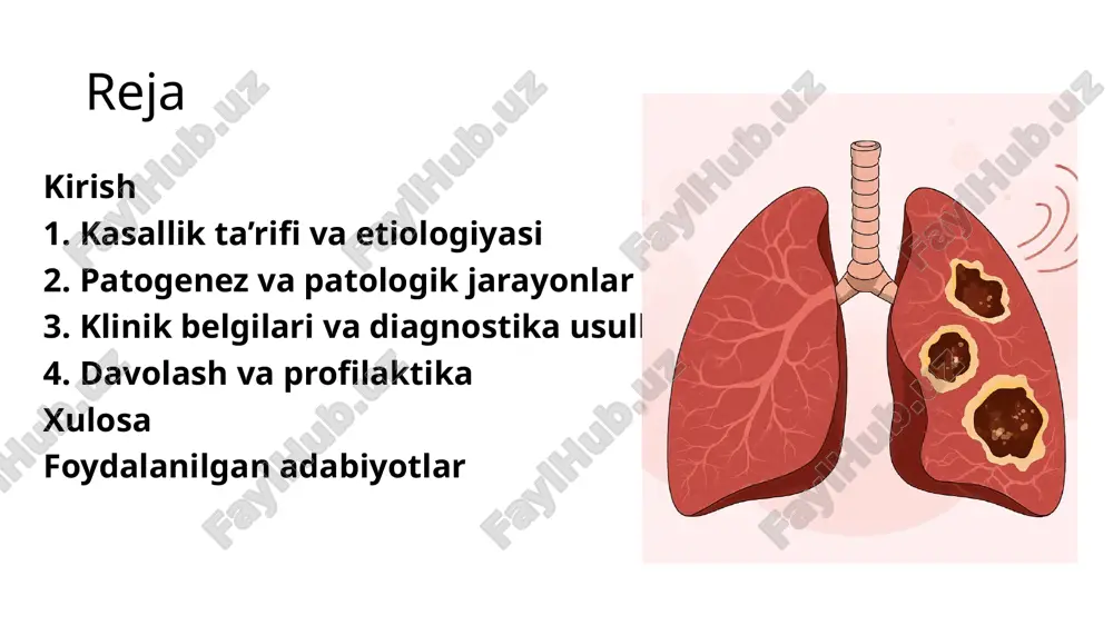 zi bakterial infeksiyaning o‘pka to‘qimalariga chuqur kirib borishi va yiringli yallig‘lanish jarayonini keltirib chiqarishi bilan boshlanadi. infeksiyalangan alveolalarda yiring to‘planadi, bu esa mahalliy nekroz va to‘qimalarning parchalanishiga olib keladi. o‘pka parenximasida destruktiv o‘zgarishlar yuzaga keladi, ya’ni to‘qimalar o‘z funksiyasini yo‘qotadi va abstsesslar shakllanadi. bu jarayon bronxial drenajning buzilishi, ventilyatsiyaning pasayishi va immunitetning sustligi bilan yanada kuchayadi. patologik jarayon davomida yiringli eksudat nafaqat alveolalarni, balki atrofdagi to‘qimalarni ham zararlaydi, bu esa kasallikning og‘ir kechishiga sabab bo‘ladi. o‘pkadagi yiringli destruksiyani bosqichma-bosqich ko‘rsatadi: infeksiyalangan alveolalar, yallig‘lanish va to‘qimalar parchalanishi kabi jarayonlar turli kontrastlarda aks etgan rasm 3.klinik belgilari va diagnostika usullari oktir yiringli destruktiv o‘pka kasalligi klinik jihatdan og‘ir kechadi va bemorda bir qator yallig‘lanish belgilarini keltirib chiqaradi. kasallikning asosiy simptomlari orasida yuqori tana harorati, titrash, kuchli va og‘riqli yo‘tal, yiringli balg‘am ajralishi, ko‘krak sohasida og‘riq va nafas yetishmovchiligi mavjud. bemorning umumiy holati zaiflashadi, intoksikatsiya belgilari kuchayadi, ba’zida lablar ko‘karishi va terining rangparligi …