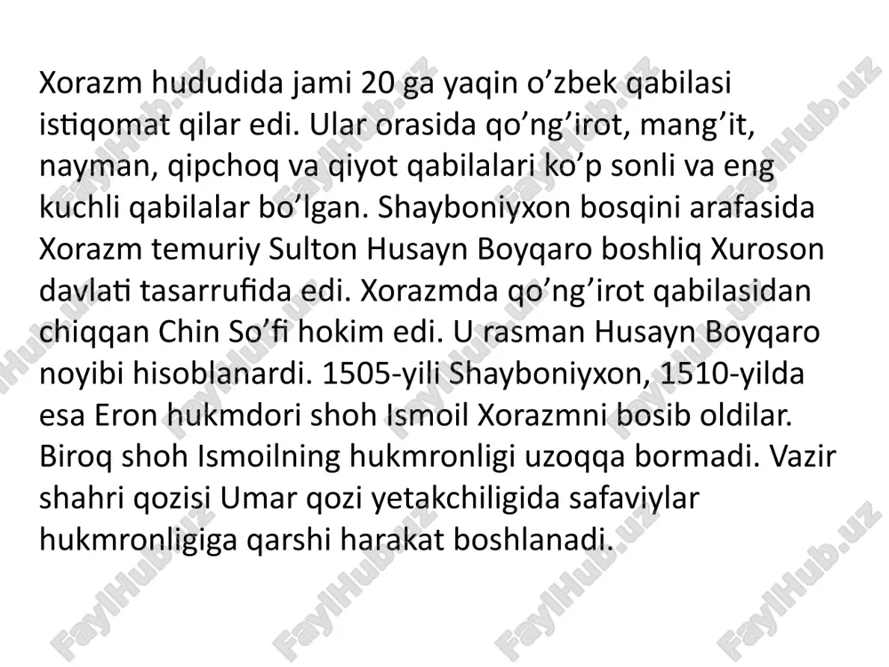 a kengaytirib olish imkonini berdi. chunonchi, elbarsxon 1516-yilgacha bo’lgan hukmronlik davrida shimoliy xuroson, shimoliy erondagi saraxs, orol va mang’ishloq egallandi. movarounnahrdagi shayboniylar davlati singari xiva xonligi ham bir qancha katta kichik mulklarga bo’lingan. xiva xonligining aholisi etnik, madaniy va til jihatdan bir-biridan keskin farq qiluvchi uch guruhga bo’lingan: 1) qadimiy xorazmliklarning bevosita avlodlari; 2) turkman qabilalari; 3) dashti qipchoqdan xorazmga ko’chib kelgan qabilalar. ayni paytda ular markaziy hokimiyatga bo’ysunmaslikka, mustaqillikka intilishgan. bu hol o’zaro nizolarni keltirib chiqargan. xiva xonligida yirik o’zbek qabilalarining boshliqlan amalda mustaqil mulk egalariga aylangan. ular xonlikning butun ijtimoiy ­siyosiy hayotiga hal etuvchi ta’sir ko’rsatib kelganlar. xvi asrda xiva xonligi iqtisodiy inqirozga duchor bo’ldi. buning asosiy sabablaridan biri-amudaryoning o’z o’zanini o’zgartirib, 1573-yildan boshlab kaspiy dengiziga oqmay qo’yganligi bo’ldi. daryo 15 yil davomida orol dengizi yo’nalishiga burildiki, natijada eski o’zan atrofidagi yerlar cho’lga aylandi. aholi esa xonlikning boshqa hududlariga ko’chib o’tishga majbur bo’lgan. bundan tashqari, xiva xonligining xvi …