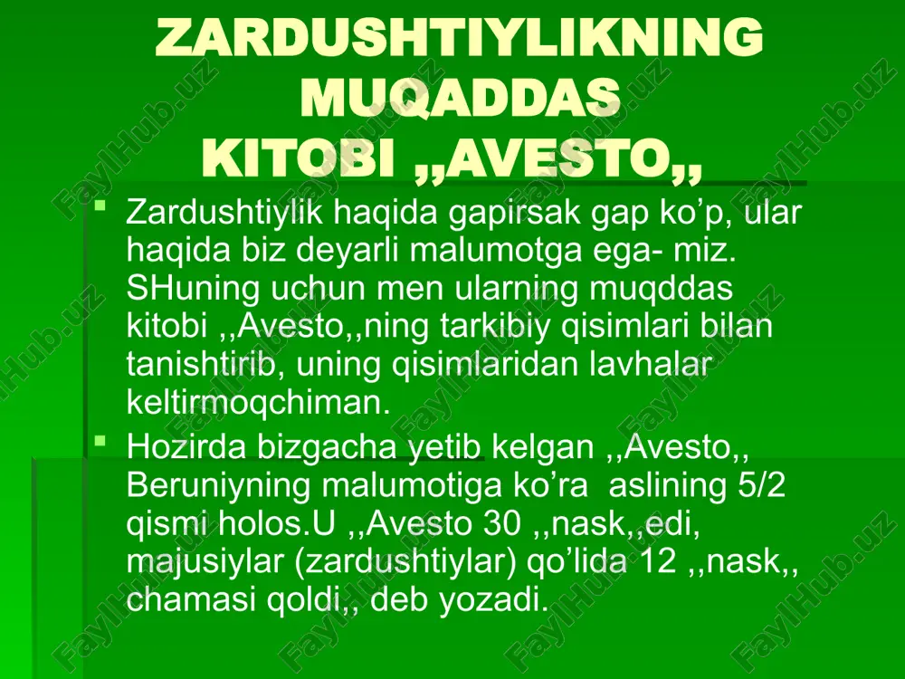 g’-asosi,bunyodi,,. ,,iptidoda yozib qo’llarim bilan senga namoz keltiramen… ,,haqiyqatni va ezgu niyatni yangi etiqod qo’shig’i deb qabul ayladim ,, ,,yasna,, 28- hot. dev ,,iptidoda bu ikki tug’ishgan nomzodlar andisha, kalom va amalda biri- ezgulik, birisi yomonlik o’zaro suhbat quradilar,, ,,yasna,, 30-hot. er-hotin ,,har bir er va ayol o’zi durust va yaxshi deb bilgan narsasiga amal qilishlari va boshqalarni ham ogohlantirishlari hamda ular ham o’sha narsaga amal qilishlari kerak,, ,,yetti buyuk yasht,, havf ,, o’shanda sen unga (odamzodga) yo’l tanlash ozodligini inom etding, toki haqiyqat rahbariga yohud yolg’on sarvariga itoat aylasin,, ,,yasna,, 31-hot. hayot: ,,porlaguvchi oppoq kumushdek odamlarni yo’q ko’lankasi. koinotning kengliklaridan yelib borar yildirim kabi,, ,,mehr yasht,, kopsat tiriklikka darmon baxsh etuvchi malhamni menga oshkor aylagil izn bergil ilohiy kalom va ezgu niyat sening irodangni muvofiq istalgan kimsaga yuz ko’rsatsin,, ,,yasna,, 44-hot. mitra meni nechun yaratding? kim meni ato ayladi? g’azab va adovat ,qabihlik va gustonlik, ezgulik va tubanlik meni …