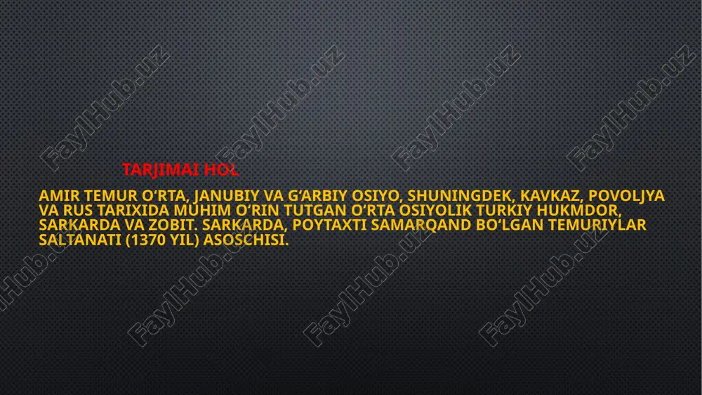 n birlashib olib, mo‘g‘ullar bilan qat’iy jangga kirishadi. bu vaqtda samarqandda sarbadorlar - “dorga osiluvchilar”, shuningdek, mo‘g‘ullarga qarshi kurashuvchilar hukmron surgan. mazkur xalq harakatining “yoki ozodlik uchun kurash, yoki dorga osilgan kalla” shiori ham uning ishtirokchilari tomonidan yaratilgan. 1370 yil amir temur balxda bo‘lib o‘tgan qurultoyda turonning bosh amiri etib e’lon qilinadi. chingizning qizi saroy mulk xonim bilan nikohi esa amir temurga “gurgan”, ya’ni “xonning kuyovi” faxriy unvonini berdi. amir temurning asosiy vazifasi parchalangan davlatga bardosh berish va alohida yerlarni bir davlatga birlashtirishdan iborat bo‘lgan. mazkur davlatning poytaxti etib u samarqandni tayinlab, tezkorlik ila shaharning himoya devorlarini, qo‘rg‘onlar va saroylarni barpo etishni boshlaydi. amir temur hukmronligi 35 yil davom etgan (1370 - 1405). u ind va gangdan sirdaryo va zarafshongacha, tyan shandan bosforgacha bo‘lgan katta saltanatni yaratgan. hayotining katta qismini yurishlarda o‘tkazgan. amir temur 1405 yil xitoyga yurishi vaqtida o‘tror shahrida vafot etgan. etiboringiz uchun raxmat image2.jpeg image3.jpeg image4.jpeg image5.jpeg …