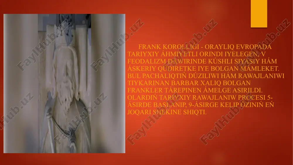 korollıǵın basqarıwģa uqıplı bolgan abıraylı hákimiyatqa aylandı. biraq, waqıttıń ótiwi menen, merovingler imperiyasınıń kúshi tómenlep, qosimsha húkimdarlıq hám basqarıwdıń ishki bóliniwleri júzege keldi. karolingler dinastiyası, 8-ásirde, merovinglerdi taxttan awdarıp, frank korollıǵın jana basqıshqa alıp shıqtı. karolingler dáwirinde, ásirese, charlemagne (karl ullı) dáwirinde, frank korolligi óziniń en úlken aymaǵın iyeledi. charlemagne 800-jılı rim papası tárepinen imperator sıpatında taxtqa qoyıldı, bul frank korollıǵın jana áwladlar ushın kúshli mámleket sıpatında bekkemledi. chlodvig i niń húkimdarlıǵı: 481-jılı taxtqa kóterilip, frank qáwimlerin birlestirip, galli aymaǵın iyeledi hám xristian dinin qabıl etiwi menen tariyxta iz qaldırdı. merovingler dinastiyası: chlodvigtin óliminen keyin merovingler dinastiyası saltanattı dawam ettirdi, biraq mámlekettiń ishki bóliniwi hám hálsizleniwi baqlandı. karolingler dinastiyası: 8-ásirde karolingler dinastiyası hákimiyattı qolga kirgizdi, bul dáwirde frankler óziniń eń kúshli dáwirin basınan ótkerdi, hám karl ullı húkimdarlıǵı dáwirinde imperiya dárejesine kóterildi. frank korollıǵınıń dúziliwi hám rawajlanıwı evropa tariyxında úlken orın tutadı. ol, bárinen burın, xristian dininiń franciya hám oraylıq …