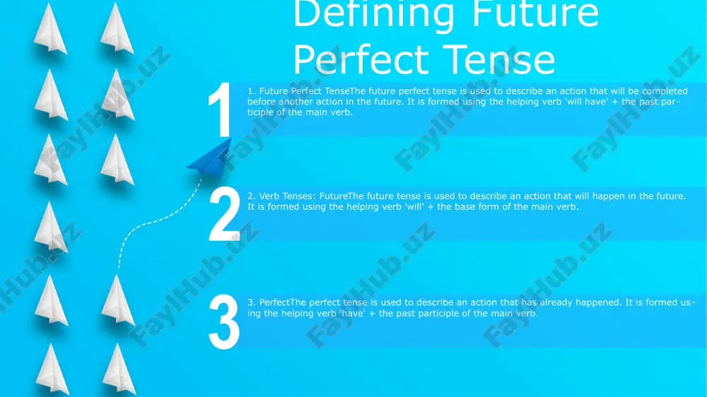 ure perfect continuous) 1. by tomorrow evening, i will have finished grading all the papers. (simple future perfect) 3. by next year, they will have been married for 10 years. (future perfect perfect) comparison with other tenses future tense: expresses an action that will occur in the future. perfect tense: expresses an action that has already been completed by a certain point in the past. perfect future tense: combines the concepts of both tenses, expressing an action that will be completed by a certain point in the future. advanced applications and exceptions start advanced applications and exceptions:syntax errors are always exceptions to the rule of automatic semicolon insertion (asi). verb tenses: future:the future tense expresses an event that will take place in the future. it is formed by using the auxiliary verb "will" or "shall" followed by the base form of the main verb. verb tenses: perfect:the perfect tense expresses …