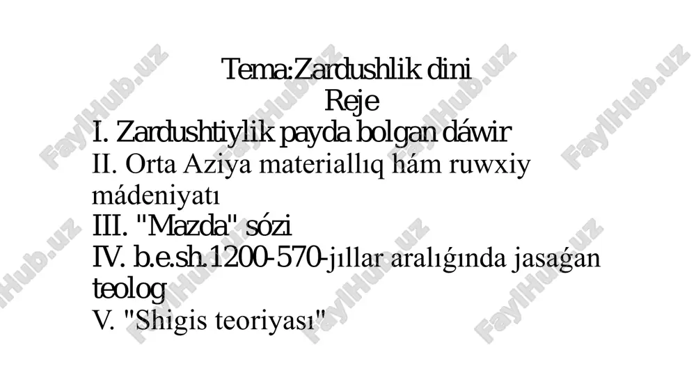 izildi. keyingi ásirlerde bul ideyalar yahudiylik, xristianlıq hám basqa dinler tárepinen ózlestirildi. aytıp ótiw orınlı, bul din payda bolǵan dáwir hám onıń watanı - ele ilimde tolıq sheshilgen máseleler emes. zardushtiylik dini payǵambar zardusht atına baylanıstırılıp, shártli túrde usılay atalıp kelinedi. tiykarında bolsa, ol usı dinniń muqaddes kitabı esaplangan avestoda "mazdayasna" dini dep atalgan. bul sózdi "mazdaǵa sıyınbaq" dep awdarıw múmkin. "mazda" sózi "danishpan, danishpan, aqıllı" sıyaqlı talqılanadı. zardushtiylik jáne "behdin," yagniy "eń jaqsı din" dep te uluģlangan. onıń táliymatı boyınsha, barlıq jaqsı barlıq mazdanıń erki menen jaratılǵan. "mazda" sózine ullılaw mánisin ańlatıwshı "axura" qosılıp, zardushtiyliktiń qudaylıǵı - axura-mazda atı payda bolgan. bul - "mırza mazda" yamasa "ilayx" degeni. zardusht atı izertlewlerde zaratushtra, zarduc, zoroacr kórinislerinde de qollanıladı. izertlewshiler arasında zardushttıń tariyxta bolgan yaki bolmaganlıǵı haqqında hár qıylı pikirler bar. birewler onı tariyxıy shaxs dep bilse, basqalar ápsanalıq shaxs dep esaplaydı. dereklerdiń xabar beriwinshe, ol shama menen b.e.sh.1200- 570-jıllar aralıǵında …