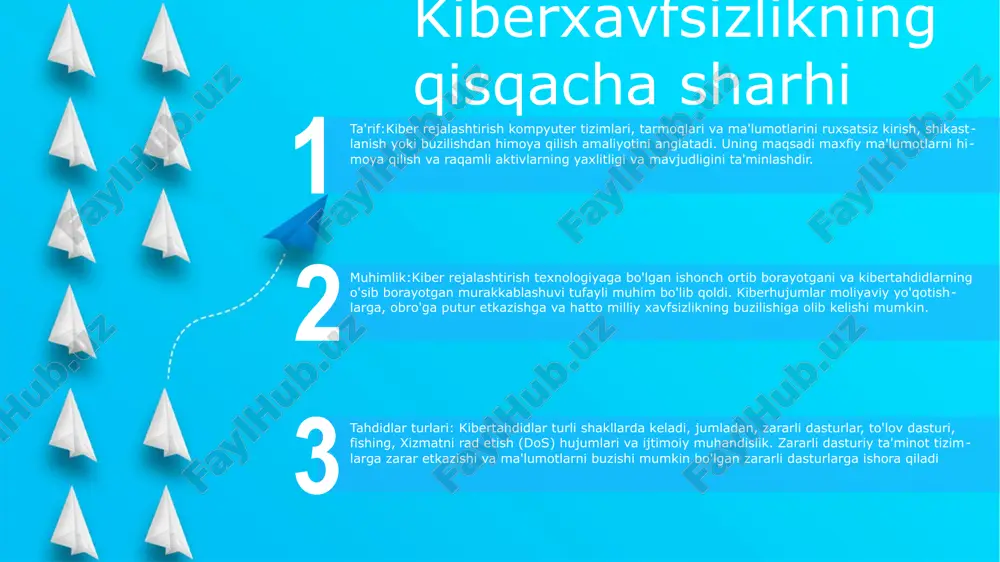 saqlang: kiberxavfsizlikning qoidalar va sanoat standartlariga muvofiqligi huquqiy xavflarni kamaytiradi va tashkilotning ishonchli va mas'uliyatli tashkilot sifatidagi obro'sini oshiradi. maxfiy ma'lumotlarni himoya qilish: kiberxavfsizlik maxfiy ma'lumotlarni ruxsatsiz kirish, o'g'irlash yoki yo'q qilishdan himoya qiladi, tashkilotlarni moliyaviy yo'qotishlar va obro'siga putur etkazishdan himoya qiladi. operatsiyalarning uzilishining oldini olish: kiberxavfsizlik choralari biznes operatsiyalarini buzishi, uzluksizligini ta'minlash va mijozlar ishonchini saqlab qolishi mumkin bo'lgan xizmat ko'rsatishni rad etish hujumlari yoki zararli dastur infektsiyalarining oldini oladi. kiberhujumlardan himoya qilish xavfsizlik devorlari va antivirus dasturlarini ishlating: zararli trafikni blokirovka qilish uchun xavfsizlik devori va viruslar va zararli dasturlarni aniqlash va olib tashlash uchun antivirus dasturlarini o'rnating. kuchli parollardan foydalaning: ruxsatsiz kirishni oldini olish uchun harflar, raqamlar va belgilar kombinatsiyasidan iborat murakkab parollarni yarating. xavfsizlik yangilanishlarini muntazam ravishda amalga oshiring: dasturiy ta'minot va operatsion tizimlardagi zaifliklarni bartaraf etish uchun so'nggi xavfsizlik yamoqlari va yangilanishlaridan xabardor bo'ling. kiberxavfsizlikning axloqiy va huquqiy jihatlari maxfiylik va ma'lumotlarni himoya qilish: …