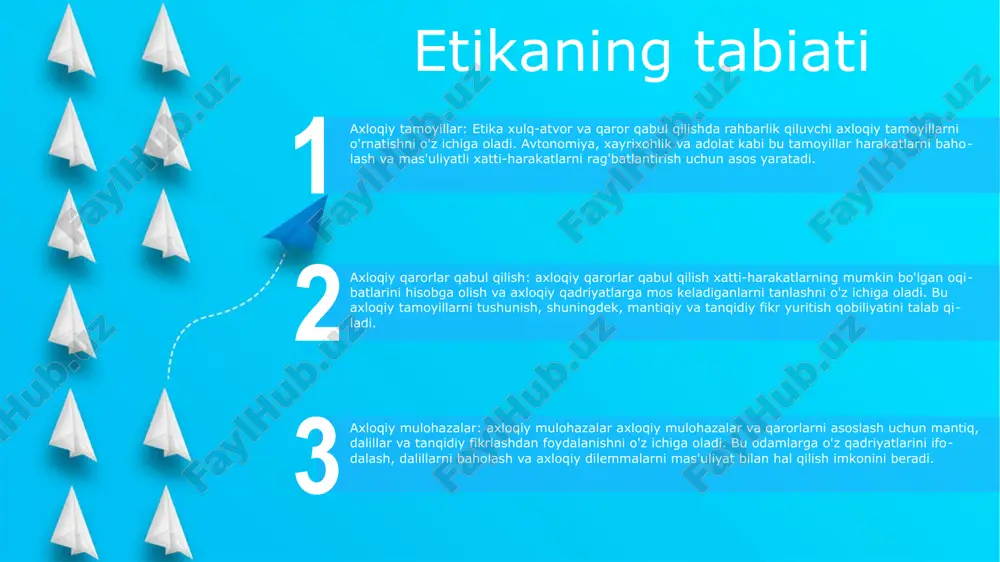 arga rahbarlik qilish uchun printsiplar, qadriyatlar va fikrlash jarayonlarini taklif qiladi. axloqiy nazariyalarning ahamiyati: axloqiy nazariyalar bizning axloqiy kompasimiz va ijtimoiy normalarimizni shakllantirishda hal qiluvchi rol o'ynaydi axloqiy tamoyillar axloqning ahamiyati: ishonch va adolatni rag'batlantirish axloqiy tamoyillarni qo'llash shaxsiy va kasbiy munosabatlarda ishonchni shakllantirish va saqlashda muhim ahamiyatga ega. bu adolat va tenglik tuyg‘usini shakllantiradi, shaxs va jamiyatning ahillik va o‘zaro hurmat muhitida rivojlanishiga imkon beradi. axloqiy qadriyatlar: xulq-atvorni boshqaradigan axloqiy tamoyillar etika deganda shaxslar va jamiyatning xulq-atvorini boshqaradigan axloqiy qadriyatlar to'plami tushuniladi. bu qadriyatlar halollik, halollik, adolat va hurmatni o'z ichiga oladi va yaxshini yomondan ajratish uchun asos yaratadi. etikaning ijobiy ta'siri: yaxshiroq jamiyat qurish axloqiy tamoyillar keng tatbiq etilsa, ular butun jamiyatga ijobiy ta'sir ko'rsatadi. ular mas'uliyatli xulq-atvorni rag'batlantiradi, korruptsiyani kamaytiradi va hamkorlik, hamkorlik va jamiyat tuyg'usini rag'batlantirish orqali farovonlikni oshiradi. axloqiy qarorlar qabul qilish etikaning ta'rifi: etika - bu shaxslar va guruhlarning xatti-harakatlarini boshqaradigan axloqiy tamoyillar va …