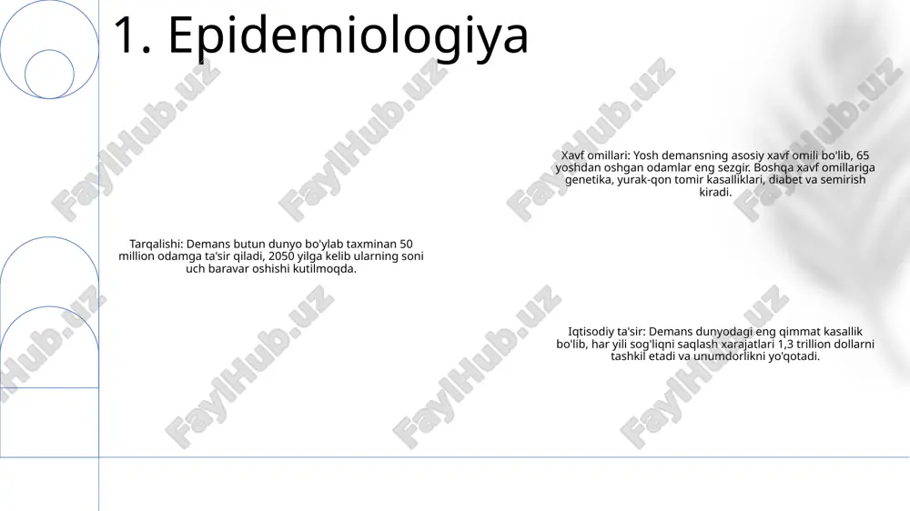 ologik boshqaruv:- xolinesteraza ingibitorlari (masalan, donepezil, rivastigmin) yengil va o‘rtacha darajadagi demans bilan og‘rigan ayrim shaxslarda kognitiv funktsiyani yaxshilashi mumkin.- n-metil-d-aspartat (nmda) retseptorlari antagonisti bo‘lgan memantin o‘rtacha darajadagi kognitiv pasayishni sekinlashtirishga yordam beradi. og'ir demansga. xulq-atvorni boshqarish:- barqarorlik va oldindan aytish mumkin bo'lgan tuyg'uni ta'minlash uchun tuzilgan kundalik tartiblarni amalga oshiring.- qiyin xatti-harakatlarni xotirjam va hurmat bilan hal qilish uchun qayta yo'naltirish va tasdiqlash usullaridan foydalaning 4. boshqaruv e'tiboringiz uchun rahmat @taqdimot_robot image1.png /docprops/thumbnail.jpeg
