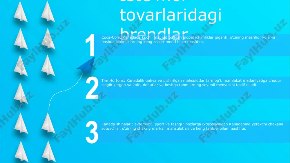 omatligini o'z ichiga olgan turli xil mahsulotlar portfeliga ega global sog'liqni saqlash giganti. pfizer kanada: tadqiqot va ishlanmalarga katta e'tibor qaratadigan etakchi farmatsevtika kompaniyasi. o'zining innovatsion dori-darmonlari va vaktsinalari bilan mashhur. amgen canada: turli kasalliklar uchun terapevtik dori-darmonlarni ishlab chiqish, ishlab chiqarish va sotishga ixtisoslashgan biotexnologiya kompaniyasi. avtomobil sohasidagi brendlar start bmw: germaniyaning hashamatli avtomobil ishlab chiqaruvchisi o'zining yuqori samarali avtomobillari bilan mashhur. chevrolet: amerika avtomobil ishlab chiqaruvchisi keng turdagi modellarga ega, shu jumladan mashhur silverado pikap. chrysler: amerika avtomobil ishlab chiqaruvchisi stellantisga tegishli bo'lib, chrysler 300 sedani kabi avtomobillarni ishlab chiqaradi. kiyim va poyafzal brendlari roots: qulay va zamonaviy uslubda kiyim-kechak, poyabzal, aksessuarlar va uy-ro'zg'or buyumlarining keng assortimentini taklif qiluvchi kanada turmush tarzi brendi. levi's: amerikaning mashhur jinsi brendi, o'zining yuqori sifatli jinsi shimlari, kurtkalari va kundalik kiyimlari bilan mashhur. aldo: o'zining zamonaviy dizayni, yuqori sifatli materiallari va hamyonbop narxlari bilan mashhur kanada poyabzal va aksessuarlari tarmog'i. ommaviy axborot …
