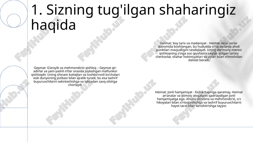 zlari bilan hissiy aloqani ham o'z ichiga oladi. 3. jamiyat g'ururi va madaniyati aqlli yangilanishlar: heimatning texnologiyani qabul qilishi uyni avtomatlashtirish, energiya samaradorligi va ulanishni yaxshilaydi. jamiyat markazlari: jamoat joylari jonli jamoat markazlariga aylanadi, ijtimoiy hamkorlikni rivojlantiradi va mahalliy biznesni qo'llab-quvvatlaydi. barqaror hayot: ona shahar yashil infratuzilma, qayta tiklanadigan energiya va chiqindilarni mas'uliyatli boshqarishni targ'ib qiluvchi ekologik toza amaliyotlarga ustuvor ahamiyat beradi. 4. sizning ona shahringiz kelajagi e'tiboringiz uchun rahmat @taqdimot_robot image1.png /docprops/thumbnail.jpeg