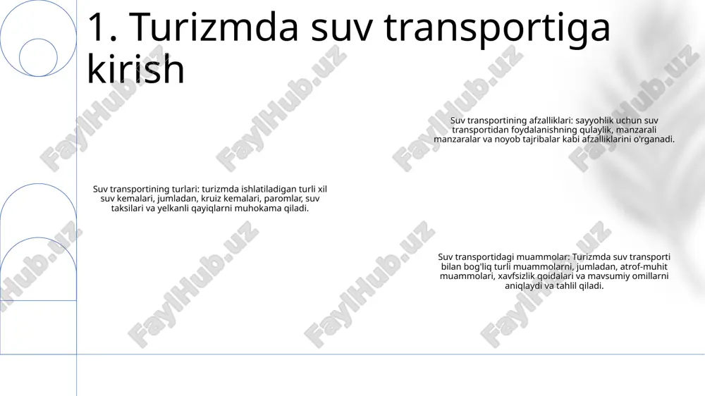udlarida va ichki suv yo'llarida joylashgan sayyohlik yo'nalishlariga oson va samarali kirishni ta'minlaydi va ularni yirik turistik markazlar bilan bog'laydi. manzarali sayohatlar va tajribalar: suv yo'llari hayajonli manzaralar, noyob landshaftlar va yovvoyi tabiat bilan uchrashishni taklif qiladi, bu esa suv transportini turizm tajribasining ajralmas qismiga aylantiradi. iqtisodiy ta'sir: suv transporti sayyohlik bilan bog'liq biznesni, infratuzilmani rivojlantirish va savdoni qo'llab-quvvatlash orqali qirg'oq va ichki jamoalarda ish o'rinlarini yaratadi va iqtisodiy o'sishni rag'batlantiradi. 4. turizmni rivojlantirishda suv transportining roli ish bilan ta'minlash imkoniyatlari: suv transporti qayiq operatorlari, ekipaj a'zolari, dok ishchilari va boshqa tegishli xodimlar uchun ko'plab ish o'rinlarini yaratadi, bu esa bandlikni oshirish orqali mahalliy iqtisodiyotni oshiradi. imkoniyatni oshirish: suv transporti quruqlik orqali borish qiyin bo'lishi mumkin bo'lgan yo'nalishlarga kirishni ta'minlaydi, yangi sayyohlik imkoniyatlarini ochadi va turizm sanoatining qamrovini kengaytiradi. daromad oqimlarini diversifikatsiya qilish: suv transporti turizm biznesi uchun daromad manbalarini diversifikatsiya qilishga hissa qo'shadi, mehmonxona va restoranlar kabi an'anaviy quruqlikdagi …