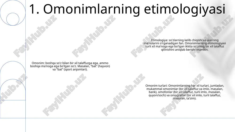 hit" omofonlari bo'lib, ular suhbatda kulgili tushunmovchiliklarga olib kelishi mumkin. omograflar: imlosi bir xil, ammo talaffuzi har xil boʻlgan soʻzlargomografiyalar — yozilishi bir xil, ammo talaffuzi va maʼnosi har xil boʻlgan soʻzlar. masalan, “kamon” (qurol) va “kamon” (egilish) adabiy tilga murakkablik kirituvchi omograflardir. 4. adabiyotdagi omonimlar 1. noaniqlik va chalkashlik: omonimlar kundalik tilda noaniqlik va chalkashlikka olib kelishi mumkin. masalan, “bank” moliya muassasasi yoki daryo bo‘yi, “o‘quvchi” so‘zi ham talaba, ham ko‘zning qora qismini anglatishi mumkin. 2. kontekstli maslahatlar: omonimning mo'ljallangan ma'nosini tushunish uchun biz ko'pincha kontekstli maslahatlarga tayanamiz. "bank talon-taroj qilindi" jumlasida "bank" moliyaviy muassasaga aniq ishora qiladi. 3. tinish belgilari va tinish belgilari: omonimlar so‘z o‘yini va so‘z o‘yinlari uchun ham ishlatilishi mumkin. masalan, “nima doim och va doim boqish kerak, tegsa barmoq tez qizarib ketadimi?” jumboqidagi “oziq-ovqat” ovqat berish yoki urishni anglatishi mumkin. 5. kundalik tilda omonimlar turli maʼnoli omonimlar: “koʻrshapalak” (hayvon va sport anjomlari) va “bank” …