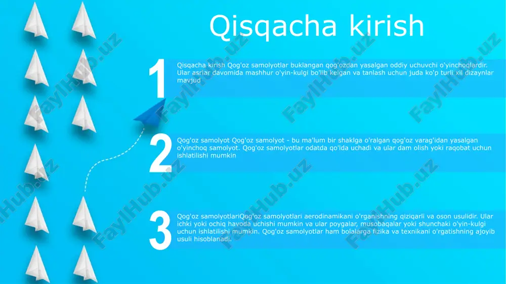 mlilik va ishlash uchun optimal qalinlik va qattiqlikdagi engil qog'ozdan foydalaning. barqarorlik va tizimli yaxlitlikni oshirish uchun katlama texnikasini qo'shing. aerodinamik tamoyillar drag: qog'oz samolyotlar ham oldinga siljishiga qarshilik ko'rsatadigan tortilishga duch keladi. drag havo qarshiligi va samolyotning shakli tufayli yuzaga keladi. uzoqroq parvoz vaqtlariga erishish uchun tortishishlarni kamaytirish juda muhimdir. lift: qog'oz samolyotlar yuqorida turish uchun ko'tarish printsipiga tayanadi. qanotlarning shakli qanotlar ustidagi past bosim maydonini va qanotlar ostida yuqori bosim maydonini hosil qiladi, natijada yuqoriga ko'tariladigan kuch paydo bo'ladi. barqarorlik: doimiy uchish uchun qog'oz samolyotlar barqarorlikni talab qiladi. barqaror samolyotlar tebranmasdan yoki kursdan chetga chiqmasdan muvozanatli parvoz yo'lini saqlab turadi. og'irlikning taqsimlanishi, qanot shakli va quyruq dizayni kabi omillar barqarorlikka yordam beradi. uchish texnikasi qanot dizayni: qanotlarning shakli va burchagi samolyotning ko'tarilishi va barqarorligini aniqlaydi. samolyotingiz uchun eng yaxshi muvozanatni topish uchun delta, gulli va biplan kabi turli xil qanot shakllari bilan tajriba qiling. og'irlikning taqsimlanishi: og'irlik butun …