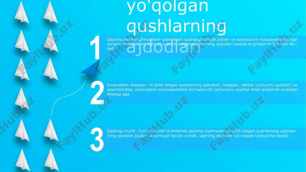 hfiyoti qushlar mayda, patli dinozavrlardan paydo bo'lgan degan nazariyani qo'llab-quvvatlashga yordam berdi. 1: sinornis taxminan 125 million yil avval bo'r davrida yashagan qushga o'xshash kichik dinozavr edi. u chumchuqning kattaligida edi va tanasini patlari qoplagan edi. 3: sinornis qoldiqlari 1990-yillarda xitoyda topilgan va erta qushlardagi patlar va parvozlar evolyutsiyasini o'rganish uchun ishlatilgan. sinornisning kashfiyoti dinozavrlardan qushlarga o‘tish haqida qimmatli ma’lumotlar berdi. mikroraptor: parvoz qiluvchi dinozavr mikroraptorning qanotlari: mikroraptorning noyob tukli qanotlari bor edi, bu esa unga havoda sirpanish imkonini berdi. uning qanotlari zamonaviy qushlarnikiga o'xshab uzun, pennas patlar bilan qoplangan. dinozavrlar evolyutsiyasi: microraptor kashfiyoti dinozavrlardan qushlarga evolyutsion o'tish haqida muhim tushunchalar berdi. uning patli qanotlari, dinozavrlar uchish qobiliyatini to'liq rivojlantirmasdan oldin, ehtimol, sirpanish qobiliyatini rivojlantirganligini ko'rsatdi. fotoalbom tuklar: microraptorning ajoyib saqlanishi olimlarga uning patlarini ajoyib darajada o'rganish imkonini berdi. qoldiqlar patlarning murakkab tuzilishi va joylashishini ochib beradi, bu esa parrandalarning parvozi evolyutsiyasi haqida qimmatli ma'lumotlarni beradi. jeholornis: to'rt qanotli qush …