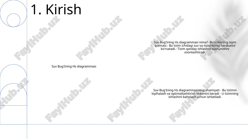 ning hs diagrammasi: bu nam havoning bosimi, harorati va namligi sharoitlarini bog'lovchi grafik tasvir. muhimligi: suv bug'ining hs diagrammasi muhandislarga konditsioner tizimlarini tahlil qilish, shamollatish tizimlarini loyihalash va turli ilovalarda nam havoning harakatini bashorat qilish imkonini beradi. 4. nam havoning xususiyatlari psixrometrik jarayonlar psixrometrik jarayonlar havo namligining o'zgarishini o'z ichiga oladi, masalan, isitish, sovutish, namlash va quritish. ushbu jarayonlarni tushunish ichki havo sifati va termal qulaylikni nazorat qilish uchun juda muhimdir. suv bug'ining hs diagrammasi suv bug'ining hs diagrammasi - bu psikrometrik jarayonlarni tahlil qilish uchun ishlatiladigan grafik tasvir. u havo harorati, namlik va entalpiya o'rtasidagi munosabatni ko'rsatadi psixrometrik jarayonlarning ahamiyati psixrometrik jarayonlar sanoatning turli sohalarida muhim rol o'ynaydi. hvac tizimlarida ular ichki iqlimni loyihalash va nazorat qilish uchun ishlatiladi. qishloq xo'jaligida ular ekinlarning namligini aniqlaydi va hosilni saqlashga hissa qo'shadi 5. psixrometrik jarayonlar entropiya-entalpiya (hs) diagrammasi- konditsioner tizimlari, sovutish va elektr stansiyalarida issiqlik uzatish jarayonlarini tahlil qilish uchun ishlatiladi.- …
