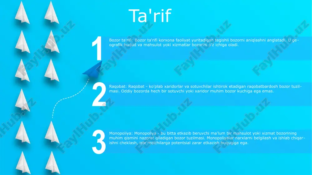 r tuzilishi.- firmalar bozor ulushi uchun qattiq raqobatlashadi.- narxlar va ishlab chiqarish bir necha dominant firmalar tomonidan belgilanadi. monopolistik raqobat raqobat va monopoliya (raqobat va monopoliya): fridrix hayekning kitobi, unda raqobat iqtisodiy taraqqiyotning harakatlantiruvchi kuchi va monopoliya jamiyat uchun zararli ekanligini ta'kidlaydi. monopolistik raqobat: har biri bir oz farqlangan mahsulotni taklif qiladigan ko'plab sotuvchilar mavjud bo'lgan bozor tuzilishi. har bir sotuvchi bozor kuchiga ega va talab egri chizig'iga duch keladi. monopoliya (monopoliya): tovar yoki xizmatning faqat bitta sotuvchisi bo'lgan bozor tuzilishi. monopolist to'liq bozor hokimiyatiga ega va narxlarni marjinal xarajatlardan yuqori belgilashi mumkin. oligopoliya oligopoliya: bir necha dominant firmalar bilan tavsiflangan bozor tuzilmasi, o'zaro bog'liq narx va ishlab chiqarish qarorlariga olib keladi. raqobat (raqobat): shu kabi mahsulotlar yoki xizmatlarni taklif qiladigan, narxlarni pasaytiradigan va innovatsiyalarni rag'batlantiradigan korxonalar o'rtasidagi kurash. monopoliya (monopoliya): bitta firma sanoatda hukmronlik qiladigan, narxlarni belgilaydigan va raqobatni cheklaydigan bozor tuzilishi. monopoliya start monopoliya: bozorni yagona sub'ekt tomonidan …