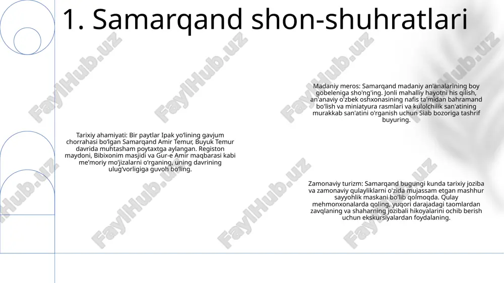 bronza davriga borib taqaladigan boy tarixga ega va bir vaqtlar muhim shahar-davlat boʻlgan. u amir temur hukmronligi davrida 14-asrda temuriylar saltanatining poytaxtiga aylanganda oʻzining yuksak choʻqqisiga chiqdi. arxitektura mo'jizalari: shahrisabz temuriylar davrining yaxshi saqlanib qolgan me'moriy yodgorliklari bilan mashhur. oqsaroy saroyi firuza koshinli gumbazli, baland minoralari bilan o‘sha davr me’morchiligining zukkoligidan dalolat beradi. zamonaviy turizm: shahrisabz mashhur sayyohlik maskani sifatida ko'plab zamonaviy qulayliklar va diqqatga sazovor joylarni, jumladan, qulay mehmonxonalar, an'anaviy restoranlar va qiziqarli muzeylarni taklif etadi. sayyohlar zamonaviy va boyituvchi sayohat tajribasidan bahramand bo'lish bilan birga shaharning jozibali tarixini o'rganishlari mumkin. 3. shahrisabz: buyuklar vatani amir temur davrida turizm- xorazm merosi: xorazmning boy tarixi va madaniy merosi bilan tanishing va afsonaviy bosqinchi amir temur izlarini kuzatib boring. amir temur davrida turizm - amir temur davrida gullab-yashnagan me'moriy mo''jizalar va qadimiy shaharlarni ochib, uning ulkan hududlarni qamrab olgan imperiyasining ulug'vorligiga guvoh bo'ling. amir temur davrida turizm – xorazmning jonli madaniyati …