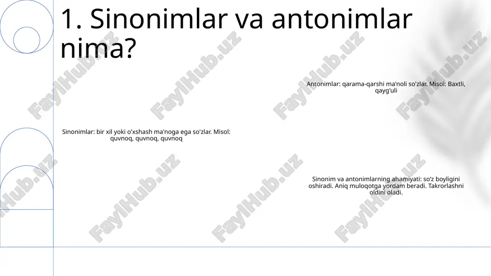 ladi, ularning farqlarini ta'kidlaydi. antonimlardan foydalanish asosiy farqlarni ta'kidlashi, his-tuyg'ularni samarali etkazishi va yozishga dramatik ta'sir ko'rsatishi mumkin. so'z kuchini kengaytirish: sinonimlar va antonimlarni tushunish va ulardan foydalanish lug'atni kengaytiradi, bu esa yozuvchilarga o'z fikrlarini aniqroq va ta'sirchanroq ifodalash imkonini beradi. xuddi shu narsani aytishning turli usullarini o'rgangan holda, yozuvchilar ma'no nuanslarini etkazishlari va yozuvlarining chuqurligini oshirishlari mumkin. 4. sinonim va antonimlardan unumli foydalanish lug‘at boyligini oshiradi: sinonim va antonim so‘zlar o‘quvchilarni o‘xshash yoki qarama-qarshi ma’noga ega bo‘lgan bir nechta so‘zlarga ochib beradi, ularning so‘z boyligini kengaytiradi va til bilimlarini yaxshilaydi. o'qishni tushunishni yaxshilaydi: sinonimlar va antonimlarni tushunish o'quvchilarga so'zlar va iboralarning nuanslarini to'liq tushunish imkonini beradi, bu esa tushunish va talqin qilish qobiliyatlarini oshiradi. samarali muloqotni osonlashtiradi: sinonimlar va antonimlardan foydalanish odamlarga fikrlarni aniqroq va samarali etkazish imkonini beradi, ularning muloqot doirasini kengaytiradi va tushunmovchiliklarni kamaytiradi. 5. sinonim va antonimlardan foydalanishning afzalliklari sinonimlar: bir xil yoki o'xshash ma'noga ega …