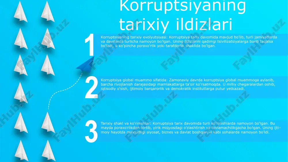 misr, gretsiya kabi jamiyatlarda poraxo‘rlik, o‘g‘irlash, qarindosh-urug‘chilik keng tarqalgan edi. global korruptsiya: bugungi kunda korruptsiya butun dunyo bo'ylab muhim muammo bo'lib qolmoqda. birlashgan millatlar tashkilotining hisob-kitoblariga ko'ra, korruptsiya har yili taxminan 2,6 trillion dollarga tushadi. korruptsiya iqtisodiy taraqqiyotga, siyosiy barqarorlikka va ijtimoiy birlikka putur etkazadi. o'rta asrlar va uyg'onish davri evropasida korruptsiya uyg'onish davridagi evropada korruptsiya: homiylik va byurokratiyaning kuchayishi korruptsiyani osonlashtirdi, bu poraxo'rlik, tovlamachilik va qarindosh-urug'chilikning keng tarqalishiga olib keldi. o'rta asrlarda yevropada korruptsiya: jamiyatning barcha qatlamlarida keng tarqalgan bo'lib, u adolatni buzdi, savdoga to'sqinlik qildi va jamoatchilik ishonchini susaytirdi. korruptsiya global muammo sifatida: tarixiy misollar shuni ko'rsatadiki, korruptsiya muayyan davrlar yoki mintaqalar bilan chegaralanib qolmagan, balki butun tsivilizatsiyalarda mavjud bo'lgan va bugungi kunda ham muammolarni keltirib chiqarmoqda. mustamlaka davridagi korruptsiya korruptsiyaning ta'rifi: korruptsiya deganda davlat mansabini shaxsiy manfaatlar yo'lida suiiste'mol qilish tushuniladi, bunda mansabdor shaxslar yoki jamiyat manfaatlari yo'lida harakat qilish majburiyati yuklangan shaxslar tomonidan o'z vakolatlarini suiiste'mol …