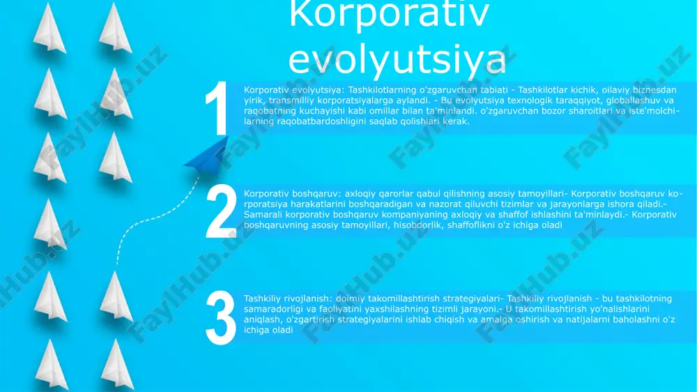 mpaniyasi birinchi haqiqiy aktsiyadorlik jamiyati sifatida tan olingan zamonaviy korporatsiyaning yuksalishi mulkchilik va boshqaruvni ajratish: korporatsiyalarning kuchayishi kompaniyaning egalari (aksiyadorlari) va menejerlari o'rtasida ajralishga olib keldi, samarali faoliyat va o'sishni ta'minlaydigan professional boshqaruv tizimini yaratdi. aksiyadorlik jamiyatlari: aktsiyadorlik jamiyatlarining rivojlanishi natijasida zamonaviy korporatsiyalar paydo bo'ldi, bu esa jismoniy shaxslarga aktsiyalarni sotib olish yo'li bilan biznesga sarmoya kiritish imkonini berdi. cheklangan javobgarlik: korporatsiyalar aktsiyadorlari cheklangan javobgarlikka ega edilar, ya'ni ular kompaniyaning investitsiyalaridan tashqari qarzlari yoki majburiyatlari uchun shaxsan javobgar emas edilar. mas'uliyati cheklangan va aksiyadorlar demokratiyasi aksiyadorlar demokratiyasi: aksiyadorlar ovoz berish va aksiyadorlar yig‘ilishlari va qarorlar orqali korporativ qarorlar qabul qilishda ishtirok etish huquqiga ega, bu esa kompaniyani boshqarishda ularning ovozini eshitishni ta’minlaydi. cheklangan javobgarlik: aktsiyadorlar cheklangan javobgarlikka ega, ya'ni ular korporatsiyaning qarzlari va majburiyatlari bo'yicha shaxsan javobgar emas, shaxsiy aktivlarini biznes xavflaridan himoya qiladi. korporatsiyaning o'sis va rivojlanishi (korporatsiyalarning shakllanishi va rivojlanishi): korporatsiyalarning tarixiy evolyutsiyasi va huquqiy asoslarini o'rganadi, ularning …