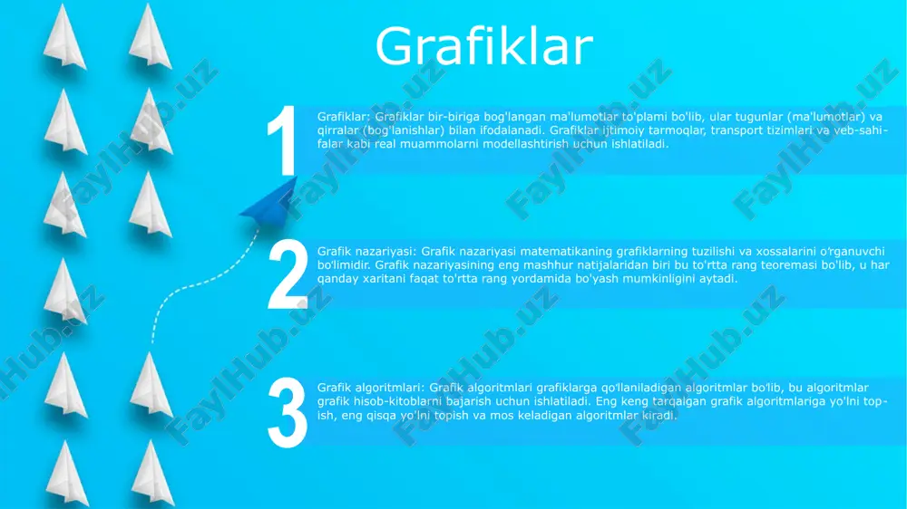 birlashtiruvchi qirralar yordamida tasvirlanadi. har bir tugun o'ziga xos identifikatorga ega va har bir chekka ikkita tugun o'rtasidagi aloqani ifodalaydi. grafik algoritmlari grafik algoritmlari grafiklar tuzilishini tekshirish va amallarni bajarish uchun ishlatiladigan maxsus yechim usullari. masalan, chuqurlikdan birinchi qidiruv (dfs) va kenglikdan birinchi qidirish (bfs) grafiklardagi yo'llar va komponentlarni topish uchun ishlatiladi. grafik o'tish texnikasi kenglik-birinchi qidiruv (bfs) bfs ham grafikni aylanib o'tish uchun ishlatiladigan usuldir. u boshlang'ich tugundan boshlanadi va tugundan hali tashrif buyurmagan barcha qo'shnilarni navbatga qo'shadi. navbat bo'sh bo'lgunga qadar tugun navbatdan olib tashlanadi va uning barcha hali ko'rilmagan qo'shnilari navbatga qo'shiladi depth-first search (dfs)dfs - bu grafikni aylanib o'tish texnikasi. u boshlang'ich tugundan boshlanadi va hali tashrif buyurmagan tugunning barcha qo'shnilariga tashrif buyurib, grafikga chuqurroq kiradi. barcha qo'shnilarni ziyorat qilgandan so'ng, u keyingi darajadagi tashrif buyurmagan qo'shniga qaytadi va jarayonni takrorlaydi. aralashtirilgan daraxt qidiruvi (ucs) ucs dfs va bfsni birlashtirgan usuldir. u dfs kabi chuqurlikda harakat …