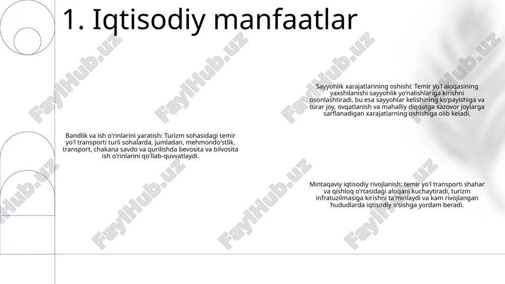 etadi, bu esa yo‘lovchilar tajribasini yaxshilaydi va uzoqroq sayohatlarni rag‘batlantiradi. barqaror yechimlar elektr poyezdlari va qayta tiklanadigan energiya manbalari temir yo‘l transportining atrof-muhitga ta’sirini kamaytiradi, bu esa turizmni yanada barqaror va eko ongli sayohatchilar uchun jozibador qiladi. 3. texnologik yutuqlar ekologik toza transport: uglerod chiqindilarini kamaytirish va barqaror transport amaliyotini targ'ib qilish uchun havo orqali temir yo'l sayohatini rag'batlantirish. mas'uliyatli turizm: sayyohlarni mahalliy madaniyatni hurmat qilishga, isrofgarchilikni minimallashtirishga va yo'nalishlarning uzoq muddatli farovonligini ta'minlash uchun mahalliy biznesni qo'llab-quvvatlashga undash. infratuzilmaga investitsiyalar: foydalanish imkoniyatini oshirish va shaxsiy transport vositalariga bog'liqlikni kamaytirish, barqaror turizm amaliyotini targ'ib qilish uchun temir yo'l infratuzilmasini yangilash va temir yo'l tarmoqlarini kengaytirishga sarmoya kiriting. 4. barqaror turizm amaliyotlari e'tiboringiz uchun rahmat @taqdimot_robot image1.png /docprops/thumbnail.jpeg
