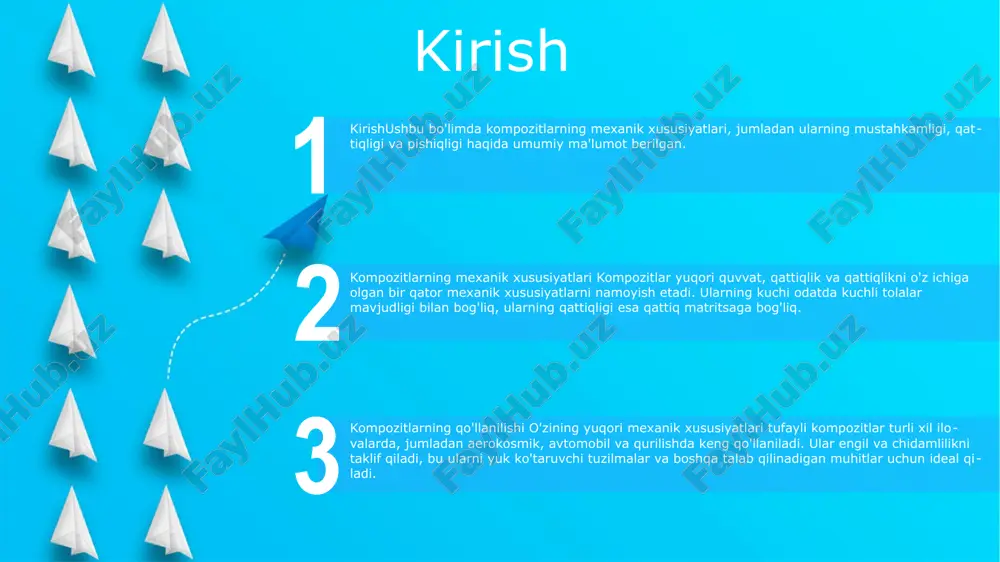 miy zichligiga ta'sir qiladi. kuchlanish kuchi: plomba moddalari kompozitlarning kuchlanish kuchini oshirishi mumkin, bu esa mustahkamlash va kuchlanish ostida sindirishga qarshilik ko'rsatishi mumkin. plombalarning mexanik xususiyatlari qattiqlik: plomba moddalar yoriqlar tarqalishiga to'sqinlik qilib, kompozitlarning qattiqligini oshirishi mumkin. ular energiyani o'zlashtiradigan va halokatli nosozliklarning oldini oladigan yoriqlar uchun aylanma yo'lni yaratadilar. kuch: plomba moddalari stress ostida deformatsiyaga qarshi turish orqali kompozitlarning kuchini oshirishi mumkin. ular mustahkamlovchi vosita sifatida ishlaydi, yukni matritsadan to'ldiruvchi zarrachalarga o'tkazadi. qattiqlik: plomba moddalar egiluvchanligini kamaytirish orqali kompozitlarning qattiqligini oshirishi mumkin. ular matritsaning harakatini cheklab, kompozitsiyani egilish va deformatsiyaga chidamliroq qiladi. to'ldiruvchining sirt xususiyatlari polimer matritsasiga yopishish: plombalarning sirt xususiyatlari ularning polimer matritsasi bilan bog'lanish qobiliyatiga ta'sir qiladi. kuchli yopishish plomba dispersiyasini va stressni o'tkazishni kuchaytiradi, kompozitsion xususiyatlarni yaxshilaydi. yuzaki pürüzlülük: plomba yuzasining pürüzlülüğü uning polimer bilan interfeysiga ta'sir qiladi. qo'pol yuzalar ko'proq mahkamlash nuqtalarini ta'minlaydi, bu esa yaxshi yopishish va mexanik mustahkamlashga olib keladi. yuzaki kimyo: plomba …