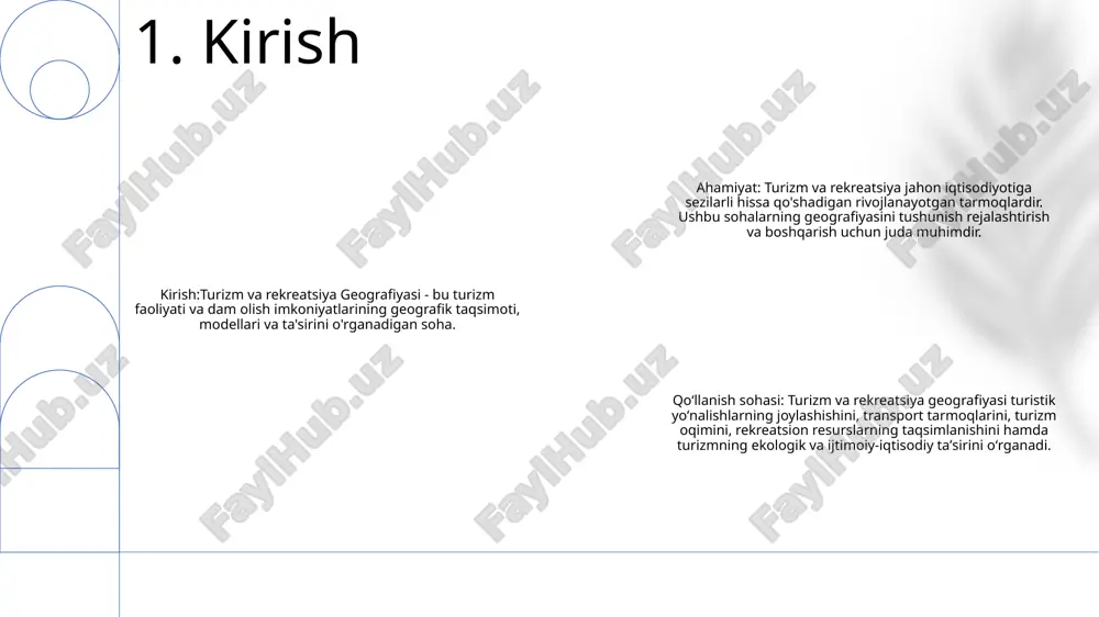 i kabi omillar ta'sir ko'rsatishi mumkin. 3. turizm destinatsiyalarining fazoviy taqsimoti turistik dam olish geografiyasi: bu soha turizm, dam olish va jismoniy va madaniy muhit o'rtasidagi munosabatlarni o'rganadi. bu omillar bir-biriga qanday ta'sir qilishini va ularni barqaror rivojlanish uchun qanday boshqarish mumkinligini o'rganadi. jismoniy muhit: bular hududning tabiiy xususiyatlari, ya'ni iqlimi, relyef shakllari, suv havzalari, o'simlik va hayvonot dunyosini o'z ichiga oladi. bu omillar turizm va rekreatsiya faoliyatiga sezilarli ta'sir ko'rsatishi mumkin. madaniy muhit: bular hududning tarixi, madaniyati, arxitekturasi va infratuzilmasi kabi inson tomonidan yaratilgan xususiyatlarini o'z ichiga oladi. bu omillar turizm va rekreatsiya faoliyatiga ham sezilarli ta'sir ko'rsatishi mumkin. 4. jismoniy va madaniy muhitlar iqlim va ob-havo turizmning asosiy omillari sifatida: iqlim va ob-havo turizm modellariga sezilarli ta'sir ko'rsatadi. issiq harorat, quyosh nuri va kam yog'ingarchilik kabi qulay sharoitlar sayyohlarni plyajlar, kurortlar va milliy bog'lar kabi joylarga jalb qiladi. ob-havo prognozi va turizmni rejalashtirish: to'g'ri ob-havo prognozlari turizm biznesi …