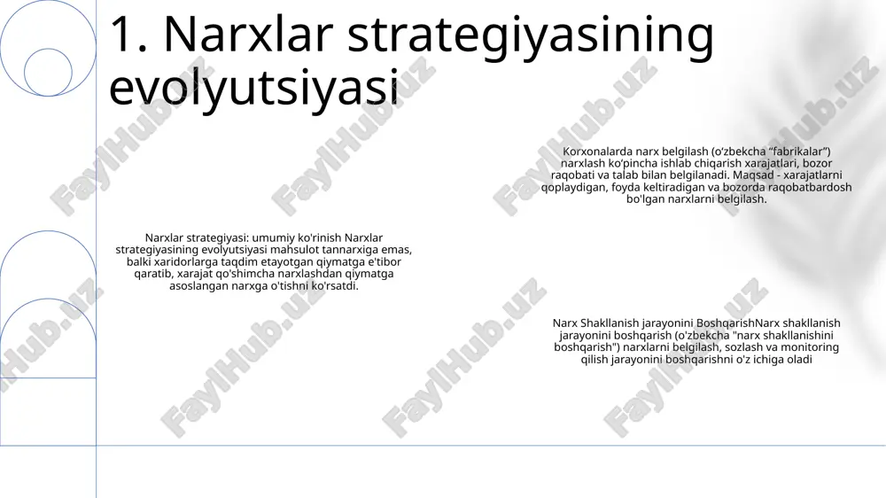 lari va raqobat dinamikasidan kelib chiqib moslashtirish - bozorda narxlarni optimallashtirish uchun reklama strategiyalari va chegirmalarni amalga oshirish. 3. bozor tadqiqotlari va raqobatbardosh narxlar qiymatga asoslangan narxlash: mijozlar mahsulot yoki xizmatga qo'yadigan qabul qilingan qiymatga asoslangan narxlarni belgilash. mijozlarni idrok etish: mijozlar mahsulot yoki xizmatning qiymat taklifini talqin qilish va tushunish usuli. korxonalarda narx shakllanish jarayonini boshqarish: “managing the pricing process in enterprises” ning o‘zbekcha tarjimasi, narxlarni belgilashda mijozlar qiymati va idrokni hisobga olish muhimligini ta’kidlaydi. 4. qiymatga asoslangan narxlash va mijozlarni idrok etish dinamik narxlash: bozor tebranishlariga moslashish dinamik narxlash real vaqt rejimida talab, taklif va boshqa omillar asosida narxlarni moslashtiradi, bu esa korxonalarga daromadlarni optimallashtirish va mijozlar ehtiyojini qondirish imkonini beradi. korxonalarda narx shakllanish jarayonini boshqarishdynamic narxlash texnologiyasi biznesga narxlar strategiyasini boshqarish, bozor tendentsiyalarini kuzatish va rentabellikni oshirish uchun ma'lumotlarga asoslangan qarorlar qabul qilishda yordam beradi. raqamli imkoniyatlardan foydalanish raqamli asrda korxonalar dinamik narxlash modellarini samarali amalga oshirish …