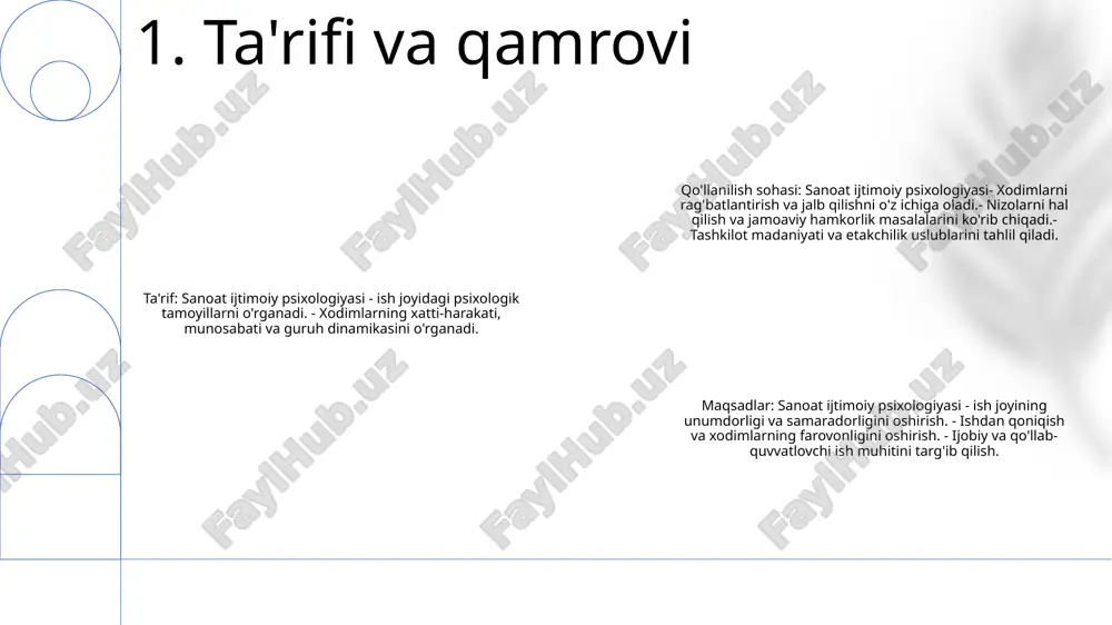ali tahlil qilinadi. 3. tadqiqot usullari sanoat ijtimoiy psixologiyasi: ijtimoiy omillarning (masalan, ishchi guruhlar, etakchilik) ishlab chiqarish sharoitida ish bilan bog'liq munosabat va xatti-harakatlarga ta'sirini o'rganadi. amaliy sanoat ijtimoiy psixologiyasi: xodimlarning ish joyidagi motivatsiyasi, qoniqish va unumdorligini oshirish uchun tadqiqot natijalarini amaliy qo'llashga qaratilgan. sanoat tashkiliy (io) psixologiyasi: sanoat ijtimoiy psixologiyasini va ish sharoitlariga psixologik tamoyillarni qo'llash bilan bog'liq boshqa sohalarni qamrab oladigan kengroq soha. 4. amaliy sanoat ijtimoiy psixologiyasi xodimlarni rag'batlantirish: ish xavfsizligi, martaba ko'tarilish imkoniyatlari va tan olinishi kabi psixologik omillar xodimlarning motivatsiyasiga sezilarli ta'sir ko'rsatishi mumkin, bu esa samaradorlik va ishdan qoniqishning oshishiga olib keladi. tashqi va ichki mukofotlar: ishdan qoniqishga tashqi mukofotlar (masalan, ish haqi, nafaqalar) va ichki mukofotlar (masalan, shaxsiy o'sish, mazmunli ish) ta'sir qilishi mumkin. ushbu turdagi mukofotlar o'rtasidagi muvozanat umumiy ishdan qoniqishni oshirishi mumkin. ish dizayni va ish muhiti: ishlarning dizayni va jismoniy va ijtimoiy ish muhiti ishdan qoniqishga ta'sir qilishi mumkin. xodimlarga …