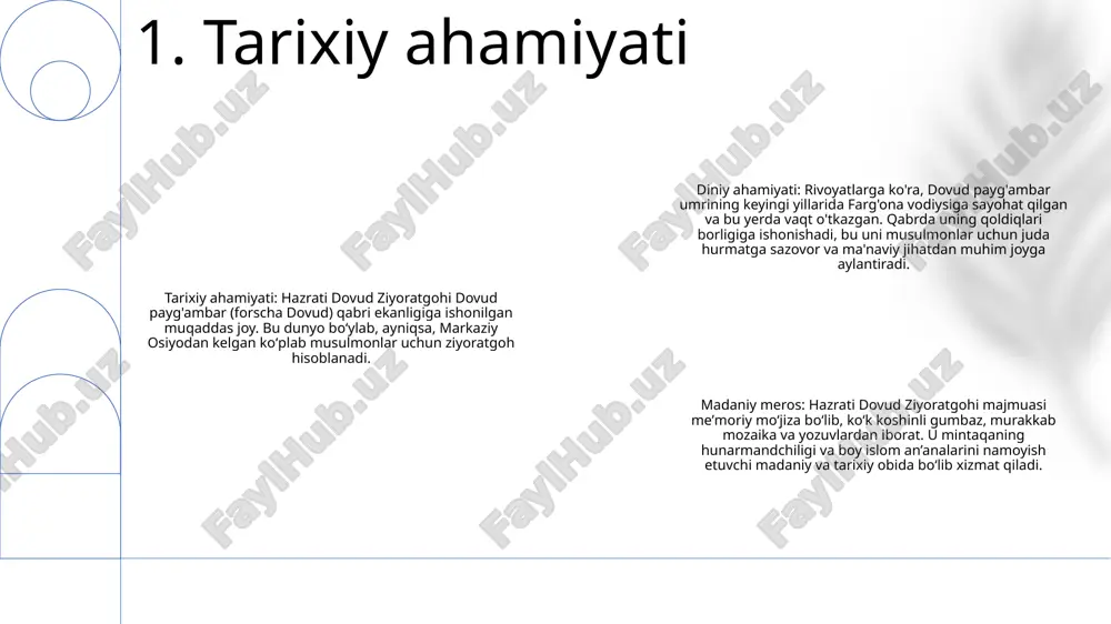 lomda ulug' payg'ambar bo'lgan, podshoh sulaymonning otasi ekanligiga ishonilgan hazrati dovudning qabri joylashgan. tasavvuf afsonalari: bu sayt sirli afsonalarga boy bo'lib, asrlar davomida tashrif buyurgan ziyoratchilar tomonidan boshdan kechirilgan shifobaxsh mo''jizalar va ilohiy ko'rinishlar haqida hikoyalar mavjud. 4. afsonalar va ma'naviyat tarixiy ahamiyati: hazrati dovud ziyoratgohi musulmonlar uchun muhim ziyoratgoh bo‘lib, dovud payg‘ambar qabrini nishonlaydi. aytishlaricha, uning so‘nggi duolari shu yerda ijobat bo‘lib, u yerni muqaddas joyga aylantirgan. arxitektura go'zalligi: hazrati dovud ziyoratgohi maqbarasi ajoyib islom me'morchiligini namoyish etadi. baland gumbaz va murakkab koshinlar o‘z davrining san’at va hunarmandchiligini aks ettiradi. uning sokin muhiti uning ma'naviy ahamiyatini oshiradi. madaniy ramz: hazrati dovud ziyoratgohi mahalliy jamoalar uchun chuqur madaniy ahamiyatga ega. bu ularning e'tiqodi va an'analarini ifodalaydi, o'ziga xoslik va birlik tuyg'usini rivojlantiradi. bu joy mintaqaning boy madaniy merosidan dalolat beradi. 5. madaniy meros hazrati dovud ziyoratgohi: muqaddas maskanning qayta tiklanishi tojikistondagi ziyoratgoh hisoblangan hazrati dovud ziyoratgohining qayta tiklanishi uning tarixiy …
