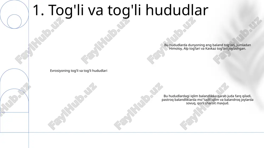 umladan ignabargli va bargli daraxtlardan iborat boʻlib, qaragʻay, archa, qayin, eman va olxa kabi turlari keng tarqalgan. 3. ahamiyati: o'rmonlar resurslar bilan ta'minlovchi, iqlimni tartibga soluvchi va biologik xilma-xillikni qo'llab-quvvatlovchi muhim ekotizim bo'lib xizmat qiladi. ular hayvonlar va o'simliklarning keng doirasiga ega va mahalliy jamoalarning turmush tarziga hissa qo'shadi. 4. o'rmonlar va o'rmonlar ichki suv: okean tarkibiga kirmaydigan barcha suv havzalarini, shu jumladan daryolar, ko'llar, hovuzlar va suv omborlarini nazarda tutadi. yevrosiyo tabiiy geografik o'lkalari: bu ibora "yevrosiyoning tabiiy geografik mintaqalari" deb tarjima qilinadi va yevrosiyo materigining asosiy geografik mintaqalariga ishora qiladi. evrosiyodagi ichki suvlar: evrosiyoda ichki suvlarning keng tarmog'i mavjud, jumladan volga, dunay va ob kabi yirik daryolar, shuningdek, kaspiy dengizi, baykal va orol dengizi kabi yirik ko'llar. 5. ichki suvlar okean koʻrfazlari: yevroosiyo materigini 11 dengiz (egey dengizi, oq atlantika okeani, qora dengiz, kaspiy dengizi, orol dengizi, qora dengiz, erlik, oxot dengizi, bereng boʻgʻozi, sarig dennis, laptevler) yuvib …