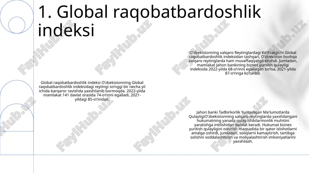 , turkmaniston (0,782) va tojikiston (0,668) bilan solishtirish mumkin. 2. inson taraqqiyoti indeksi 1. global innovatsiyalar indeksi (gii) - jahon intellektual mulk tashkiloti (wipo) tomonidan e'lon qilingan mamlakatlarning innovatsiyalar samaradorligining yillik reytingi. 2. o‘zbekistonning giidagi reytingi so‘nggi yillarda sezilarli darajada yaxshilandi, 2015-yildagi 102-o‘rindan 2022-yilda 87-o‘ringa ko‘tarildi. 3. ushbu yaxshilanish tadqiqot va ishlanmalarga davlat investitsiyalarining ko‘payishi, infratuzilmani yaxshilash va startap ekotizimining o‘sishi kabi omillar bilan bog‘liq. 3. global innovatsiyalar indeksi 1. transparency international tashkilotining korruptsiyani qabul qilish indeksi dunyo mamlakatlaridagi davlat sektoridagi korruptsiya darajasini o'lchaydi. o'zbekiston bu indeks bo'yicha doimiy ravishda yomon o'rinni egallab kelmoqda, bu esa mamlakatda korruptsiyaning yuqori darajada ekanligidan dalolat beradi. 2. 2021-yilda o‘zbekiston korrupsiyani idrok etish indeksi bo‘yicha 100 balldan 31 ball bilan 180 davlat orasida 146-o‘rinni egalladi. bu ko‘rsatkich jahon bo‘yicha o‘rtacha 43 balldan sezilarli darajada past bo‘lib, o‘zbekistonda korruptsiyani qabul qilish darajasi yuqori ekanligini ko‘rsatadi. boshqa mamlakatlarga. 3. o'zbekistonning korruptsiyani idrok etish indeksi bo'yicha reytingi …