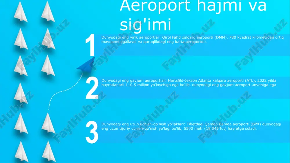 sharq va gʻarbni bogʻlovchi strategik jihatdan birlashgan arab amirliklarida joylashgan.- dunyodagi eng yirik aviakompaniyalardan biri boʻlgan emirates airlines kompaniyasining uyi. asosiy mahalliy markazlar yirik yevropa markazi: london xitrou aeroporti (lhr) - dunyodagi ikkinchi eng gavjum aeroport - 180 dan ortiq ichki yo'nalishlarga ulanadi aqshning eng yirik ichki markazi: hartsfild-jekson atlanta xalqaro aeroporti (atl) - yillik 100 milliondan ortiq yo'lovchi - 150 dan ortiq ichki yo'nalishlarga ulanadi osiyo-tinch okeani markazi: shanxay pudong xalqaro aeroporti (pvg) - xitoyning eng gavjum aeroporti - 100 dan ortiq ichki yo'nalishlarga ulanadi aeroport infratuzilmasiga ta'siri yoʻlovchi va yuk tashish sigʻimi: “jahonning eng katta aeroportlari” (jia) oʻzbekiston uchun yoʻlovchi va yuk tashish hajmini sezilarli darajada oshirish salohiyatiga ega boʻlib, mamlakatga sayohatchilar soni ortib borayotgan va savdo faoliyatini amalga oshirish imkonini beradi. ulanish va qulaylik: jia o‘zbekistonning mintaqaviy va global yo‘nalishlar bilan aloqasini kuchaytirib, ichki va xalqaro yo‘lovchilar hamda biznes uchun sayohat va savdoni osonlashtiradi. modernizatsiya va samaradorlik: …