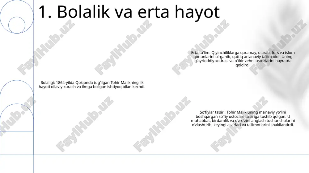 yati o‘zbekistonda va xorijda keng e’tirofga sazovor bo‘ldi. u ko‘plab nufuzli adabiy mukofotlar, jumladan, hamza nomidagi davlat mukofoti bilan taqdirlangan. meros: tohir malikning o‘zbek adabiyotiga ta’siri chuqurligicha qolmoqda. uning she'riyati ilhomlantirishda va g'azablantirishda davom etmoqda va uning ko'rgan va novator sifatidagi merosi mustahkam o'rnatilgan. 4. yurish va tan olish asosiy mavzular:- sevgi va yo'qotish: asar sevgi, sog'inish va ayriliq azobining murakkabliklarini o'rganadi. hukmron uslublar: - g'azal: to'plam asosan g'azallardan iborat bo'lib, an'anaviy fors she'riy shakli bo'lib, qofiyali juftliklar va naqorat bilan ajralib turadi. adabiy asboblar: - metafora: malik kuchli his-tuyg'ularni etkazish va kuchli tasvirlarni uyg'otish uchun yorqin metaforalardan foydalanadi. 5. asosiy mavzular va uslublar 1966 yil: rassomning toshkentdagi birinchi shaxsiy ko‘rgazmasi. 1970 yil: toshkentdagi oʻzbekiston milliy muzeyida uning “tohir malik: rasmlar va chizmalar” nomli yirik koʻrgazmasi boʻlib oʻtdi. 1998 yil: toshkentda o‘zbekiston madaniyat vazirligi tomonidan uning asarlarining retrospektiv ko‘rgazmasi tashkil etildi. 6. mashhur ko'rgazmalar va kollektsiyalar 1. tasviriy sanʼat komissiyasi: …