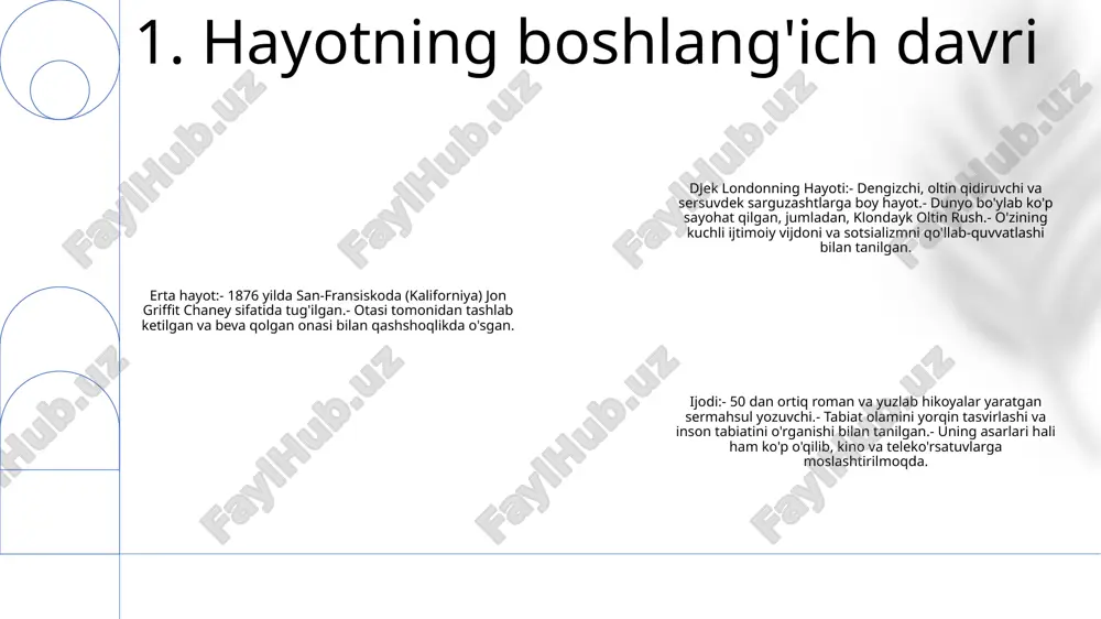nishdi. 3. sotsialistik ta'sirlar londonning adabiy iste'dodi: jek london yorqin personajlar va ta'sirchan hikoyalarni yaratishda ajoyib qobiliyatga ega edi, bu esa uni romanlari va qisqa hikoyalari bilan adabiy yulduzlikka olib keldi. erta hayot va ta'sirlar: 1876 yilda san-frantsiskoda tug'ilgan londonning bolaligi qashshoqlik va ko'chmanchi turmush tarzi bilan o'tdi. uning dengizchi, qidiruvchi va jurnalist sifatidagi tajribasi unga yozish uchun boy materiallar berdi. shaxsiy kurashlar: adabiy muvaffaqiyatiga qaramay, london shaxsiy qiyinchiliklarga, jumladan alkogolizm va moliyaviy qiyinchiliklarga duch keldi. u 1916-yilda bevaqt vafot etguniga qadar sermahsul yozuvchi bo‘lib qoldi va o‘z ortida bugungi kunda ham o‘quvchilarning aks-sado berib kelayotgan kuchli asarlar merosini qoldirdi. 4. adabiy yutuq jacks londonning hayoti va ijodi (jack london's life and work) tabiat yozuvlari (nature writing) londonda adabiyot tanqidining o'rni (london's place in literary criticism) 5. tabiat yozuvi jek london asaridagi ijtimoiy sharh: london asarlari ko'pincha qashshoqlik, sinfiy tengsizlik va ishchilar sinfining ekspluatatsiyasi kabi ijtimoiy muammolarni o'rgangan. jek londonning …