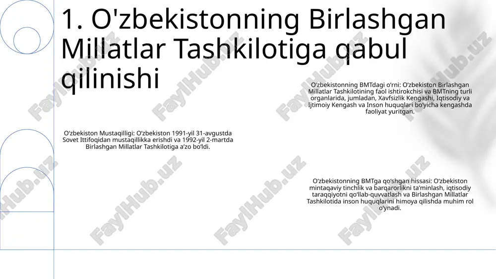oʻzbekiston dunyo boʻylab, jumladan afrika, yaqin sharq va yevropadagi turli missiyalarga 5000 dan ortiq tinchlikparvar kuchlarini yubordi. 3 hozirda oʻzbekiston tinchlikparvar kontingenti bmtning kongo demokratik respublikasi va janubiy sudandagi missiyalarida xizmat qilayotgan 100 dan ortiq xodimlardan iborat. 3. o‘zbekistonning bmt tinchlikparvar operatsiyalariga qo‘shgan hissasi o‘zbekistonning bmtning inson huquqlari bo‘yicha standartlarini qabul qilishi: o‘zbekiston bmtning inson huquqlari bo‘yicha bir qancha asosiy shartnomalarini, jumladan fuqarolik va siyosiy huquqlar to‘g‘risidagi xalqaro paktni hamda iqtisodiy, ijtimoiy va madaniy huquqlar to‘g‘risidagi xalqaro paktni ratifikatsiya qildi. inson huquqlari bo‘yicha milliy institutni tayinlash: o‘zbekistonda o‘zbekiston respublikasi oliy majlisining inson huquqlari bo‘yicha vakoli tashkil etilgan bo‘lib, uning vakolati inson huquqlarini ilgari surish va himoya qilish hamda bmtning inson huquqlari bo‘yicha standartlarini amalga oshirishga hissa qo‘shishdir. 4. o'zbekistonning bmtning inson huquqlari mexanizmlarida ishtiroki o‘zbekistonning brmga erishishdagi o‘rni: o‘zbekiston 2015-yilda qabul qilinganidan buyon barqaror rivojlanish maqsadlarini (brm) amalga oshirishda faol ishtirok etib kelmoqda. mamlakatda barqaror rivojlanish maqsadlariga mos keladigan milliy …