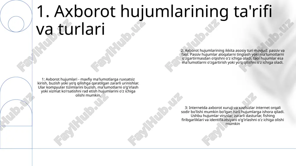 ilish juda muhimdir. kuchli parollardan foydalaning, shubhali veb-saytlarni ko'rmang va nozik ma'lumotlarni almashishdan oldin ikki marta o'ylab ko'ring. onlayn tahdidlar: zararli dasturlar, viruslar va to'lov dasturlari kabi onlayn tahdidlardan xabardor bo'lish va o'zingizni himoya qilish juda muhimdir. ishonchli antivirus dasturidan foydalaning, dasturiy ta'minotingizni yangilab turing va shubhali fayllarni ochmang. 3. fishing zararli dastur: qurilmalarga zarar yetkazishi va maʼlumotlarga zarar yetkazishi yoki oʻgʻirlashi mumkin boʻlgan zararli dastur. masalan, viruslar, troyanlar va josuslik dasturlari. ransomware: fayllarni shifrlaydigan va ularni qulfdan chiqarish uchun to'lovni talab qiluvchi zararli dasturning o'ziga xos turi. bu jiddiy buzilish va ma'lumotlar yo'qolishiga olib kelishi mumkin. internet xavfsizligi: qurilmalar, ma'lumotlar va onlayn maxfiylikni himoya qilish uchun ko'rilgan choralar. bunga kuchli parollardan foydalanish, havolalar va yuklab olishlardan ehtiyot bo'lish va obro'li antivirus dasturidan foydalanish kiradi. 4. zararli dastur va to'lov dasturi man-in-the-middle (mitm) hujumlari - mitm hujumlari ikki tomon o'rtasidagi aloqani to'xtatib, tajovuzkorga ma'lumotlarni kuzatish va boshqarish imkonini beradi.- hujumchilar …