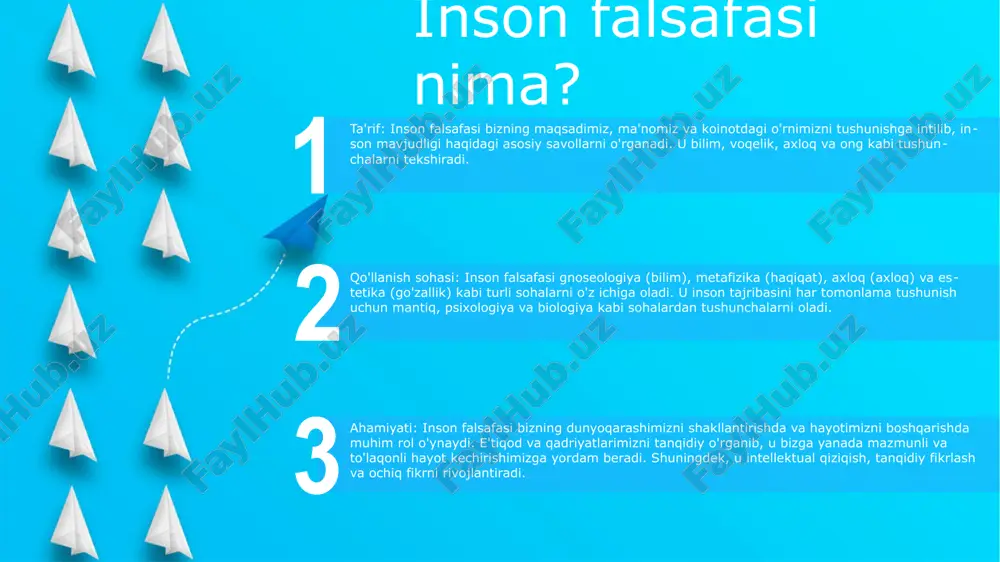 g ravonligini va marginallashgan istiqbollarning ahamiyatini ta'kidlaydi. tanqidiy nazariya: hokimiyat, bilim va jamiyat o'rtasidagi munosabatlarni o'rganadi, ijtimoiy tuzilmalar tengsizliklarni qanday yaratishi va saqlab turishiga e'tibor beradi. inson felsefesi: inson mavjudligining o'ziga xosligini, hayotning ma'nosini va jamiyatdagi shaxsning rolini o'rganadi. inson falsafasida axloq va axloq start etika: insonning xulq-atvorini boshqaradigan, adolat, adolat va boshqalarga hurmatni ta'minlaydigan tamoyillar va qadriyatlar. axloq: ko'pincha madaniy, diniy yoki falsafiy an'analarga asoslangan individual harakatlarga ta'sir qiluvchi shaxsiy e'tiqod va qadriyatlar. inson falsafasi: axloq va axloqning tabiatini o'rganadi, ularning kelib chiqishi, evolyutsiyasi va inson xatti-harakati va jamiyat farovonligiga ta'sirini o'rganadi. metafizika va ontologiya metafizika voqelikning asosiy mohiyatini, jumladan, xudoning mavjudligini, ongning tabiatini va hayotning mazmunini o'rganadi. metafizika va ontologiya: mavjudlik va haqiqatni o'rganish ontologiya borliq, mavjudotlar va borliqning tabiatini o'rganadi. u predmetlar, xossalar va kategoriyalar o‘rtasidagi munosabatni o‘rganadi, mohiyat va substansiya tushunchasini o‘rganadi. aql falsafasi aql va tana muammosi: ong va tana o'rtasidagi munosabatlar markaziy falsafiy savol …