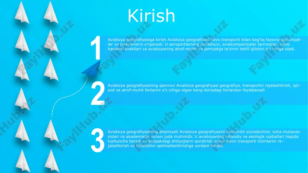 i va uchish masofasini oshirishi mumkin, past haroratlar esa havoni qalinlashtirishi va tortishish darajasini oshirishi mumkin. ko'rinish: tuman, tuman yoki yog'ingarchilik tufayli yomon ko'rish havo transporti faoliyatiga sezilarli ta'sir ko'rsatishi, parvozlar jadvali va samolyot xavfsizligiga ta'sir qilishi mumkin. shamol: kuchli shamol turbulentlikni keltirib chiqarishi mumkin, bu parvoz barqarorligiga va yo'lovchilar uchun qulaylikka ta'sir qiladi. old shamollar parvoz vaqtini oshirishi mumkin, orqa shamol esa uni qisqartirishi mumkin. aeroportlarning geografik taqsimoti 2: aeroportlarning taqsimlanishiga aholi zichligi, iqtisodiy rivojlanish va topografiya kabi omillar ta'sir ko'rsatadi. 1: aeroportlar dunyoning maʼlum mintaqalarida joylashgan boʻlib, shimoliy amerika va yevropa jahon aeroportlarining yarmidan koʻpini tashkil qiladi. 3: rivojlanayotgan mamlakatlarda turizm va savdoning ortishi hisobiga aeroportlar infratuzilmasi tez sur'atlar bilan o'sib bormoqda. havo harakatini boshqarishning geografik omillari havo harakatini boshqarish zonalari: xavfsizlik va samaradorlikni ta'minlash uchun havo harakati tartibga solinadigan va nazorat qilinadigan belgilangan havo hududi. uchish-qo‘nish yo‘lagining yo‘nalishi: uchish-qo‘nish yo‘laklarining hukmron shamollarga nisbatan tekislanishi samolyotning uchishi va …