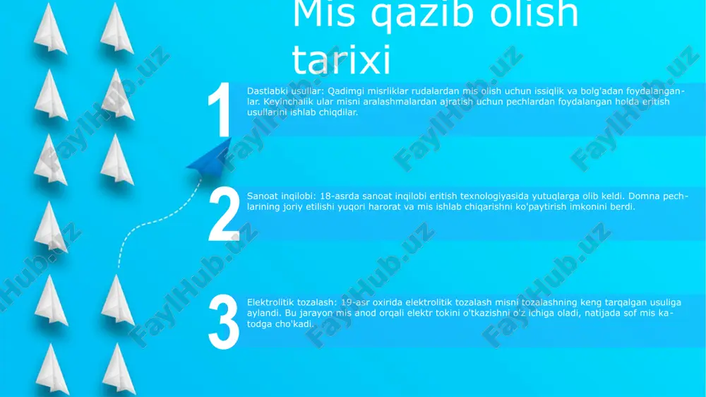 va suvda korroziyaga chidamli. mis qazib olishning atrof-muhitga ta'siri havoning ifloslanishi: misni qazib olish va qayta ishlash natijasida atmosferaga oltingugurt dioksidi va boshqa zararli gazlar chiqariladi, bu esa havoning ifloslanishi va nafas olish organlari salomatligi muammolariga olib keladi. suvning ifloslanishi: mis qazib olish yaqin atrofdagi suv havzalariga mis, qo'rg'oshin va sink kabi og'ir metallarni chiqaradi, bu esa ifloslanish va suv ekotizimiga zarar etkazadi. tuproqning ifloslanishi: konchilik faoliyati tuproqning yuqori qatlamini olib tashlaydi va tuproqning kimyoviy tarkibini buzadi, er osti suvlariga kirib, o'simliklarga zarar etkazishi mumkin bo'lgan zaharli elementlarni qoldiradi. barqaror mis qazib olish amaliyotlari gidrometallurgiya qazib olish: mis olish texnologiyasi rudalardan mis olish uchun gidrometallurgiyadan foydalanadi. bu usul misni eritish uchun kimyoviy erituvchilardan foydalanishni, so'ngra tozalash va ekstraktsiyani o'z ichiga oladi chiqindilarni boshqarish: mis qazib olish jarayonida hosil bo'lgan chiqindilarni boshqarish barqarorlik uchun juda muhimdir. mis olish texnologiyasi suv sarfini kamaytiradigan quruq qatlam usullaridan foydalanish kabi qoldiq hosil bo'lishini minimallashtirish …