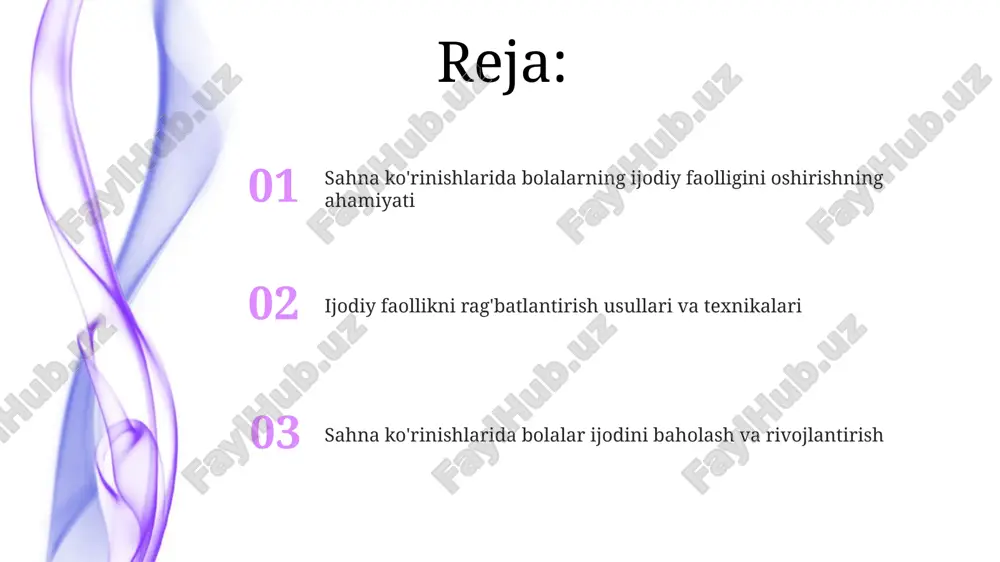 o'zgartirish), put to other uses (boshqa maqsadlarda qo'llash), eliminate (yo'q qilish), reverse (teskarisiga aylantirish). g'oyalarni yaratishda miya hujumi usuli, 5-10 kishilik guruhda, 30 daqiqa ichida ko'plab yechimlar taklif qilishni o'z ichiga oladi, tanqid qilmasdan. qahramonlar va hikoyalar yaratishda ijod qahramonlar yaratishda 'oltin qoidaga' rioya qiling: ularning kamida 3 xil fazilati bo'lishi kerak, bu esa hikoyani dinamik va qiziqarli qiladi. hikoya yaratishda 5w1h usulidan foydalaning (kim, nima, qachon, qayerda, nega, qanday), bu voqeani mantiqiy va tushunarli qiladi. dekoratsiya va kostyumlarni loyihalashtirishda ijodiy yondashuv dekoratsiya va kostyumlarda 3d modellashtirish dasturlaridan foydalanish, interaktiv elementlar yaratish va sahna ko'rinishini boyitish uchun 4d proyeksiya texnologiyalarini qo'llash mumkin. bolalar kostyumlarida qayta ishlangan materiallardan foydalanish orqali ekologik ongni rivojlantirish, masalan, plastik butilkalardan 2 ta kostyum elementlarini yaratish mumkin. musiqa va harakatni ijodiy integratsiya qilish musiqiy improvizatsiya bolalarning ijodiy harakatini faollashtiradi, ularga 5-7 yoshda o'z hissiyotlarini raqs orqali ifodalashga imkon beradi. musiqa va harakatning uyg'unligi bolalarda 2-4 yoshda …